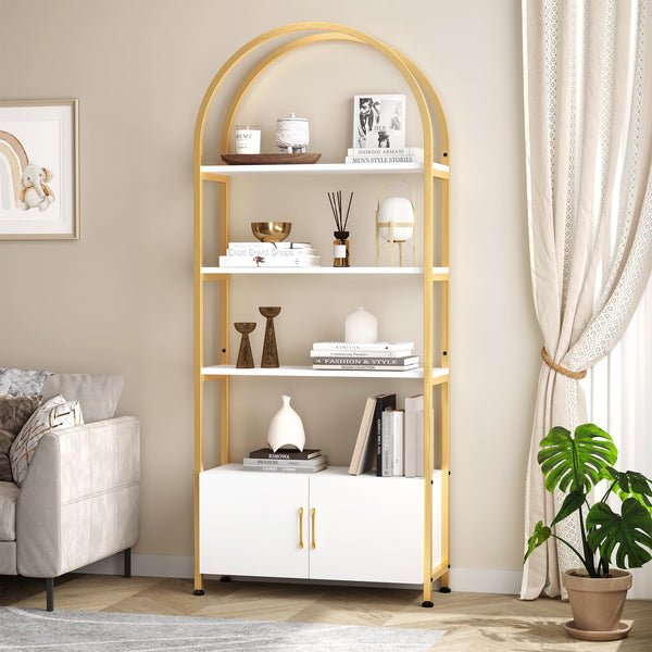 GarveeHome Arched Bookshelf, Bookcase with Doors Storage, 71.5 Inches Tall Industrial Book Shelf with Sturdy Metal Frame and Quality Boards, Freestanding Display Shelving (Gold)