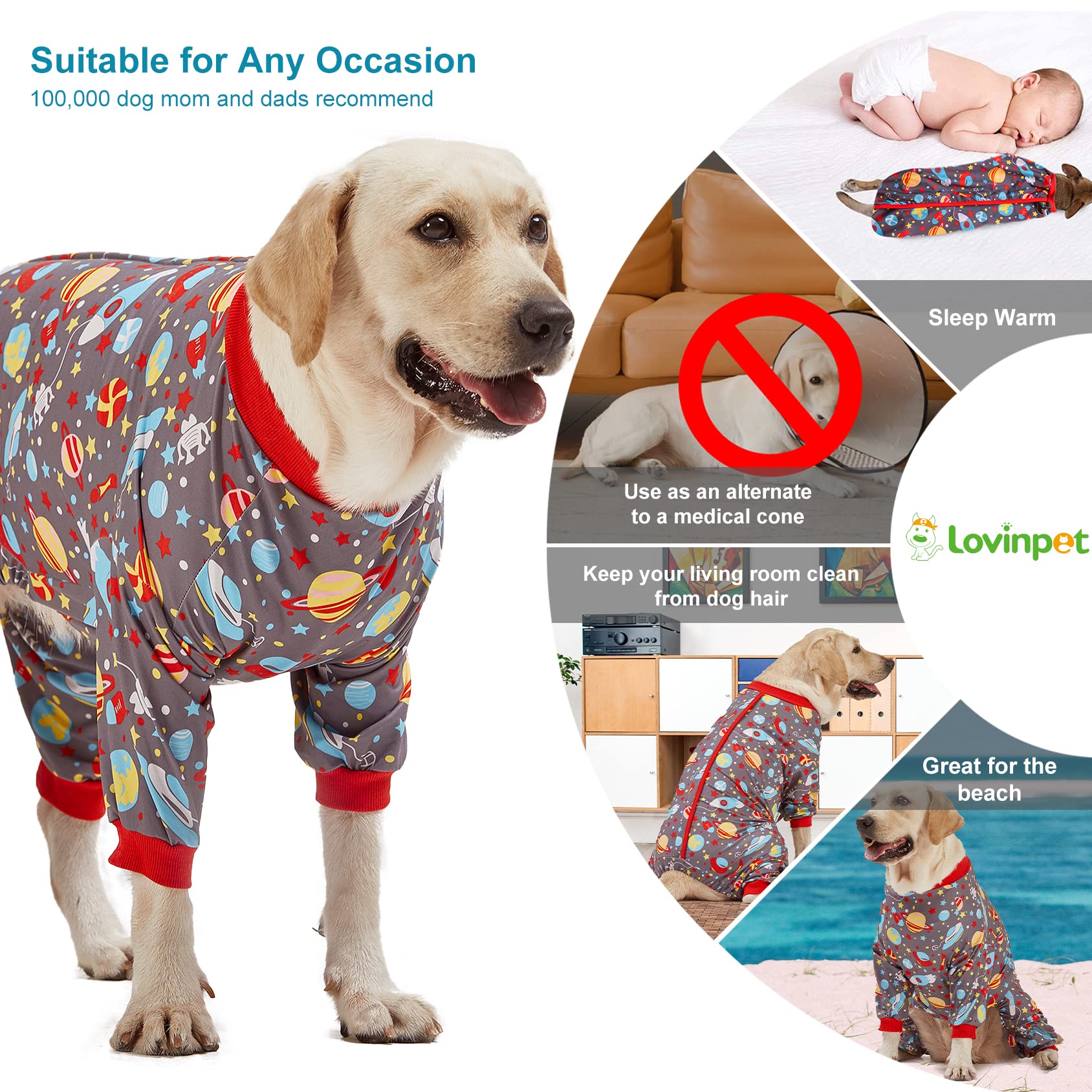LovinPet Large Dog Pajamas: Large Breed Pitbull/Boxer/Labrador/Doberman, Lightweight Onesie,Space-Travel Grey Print,Post Surgery Shirt,UV Protection,Pet Anxiety Relief,Wound Care BOR Big Dog/Medium
