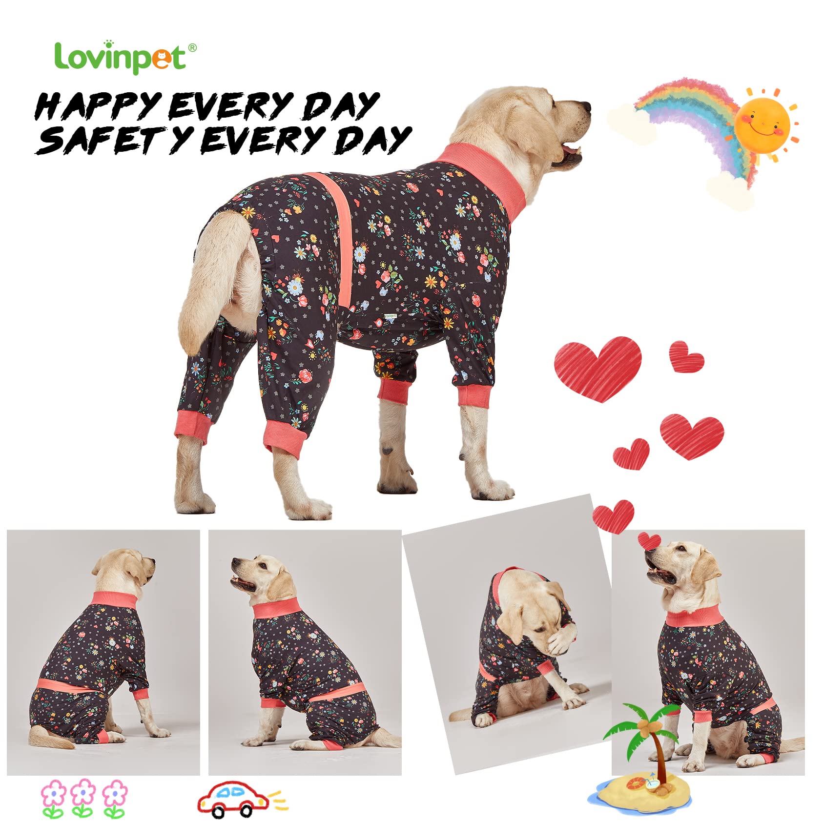LovinPet Large Dog Pajamas, Post Surgery Onesie for Large Breed Dogs, Reflective Stripe, Breatheable Stretch Jersey Knit, Nighttime Print, Dog Jammies, Pet PJ's, Pet Pajamas for Dogs, 2XL