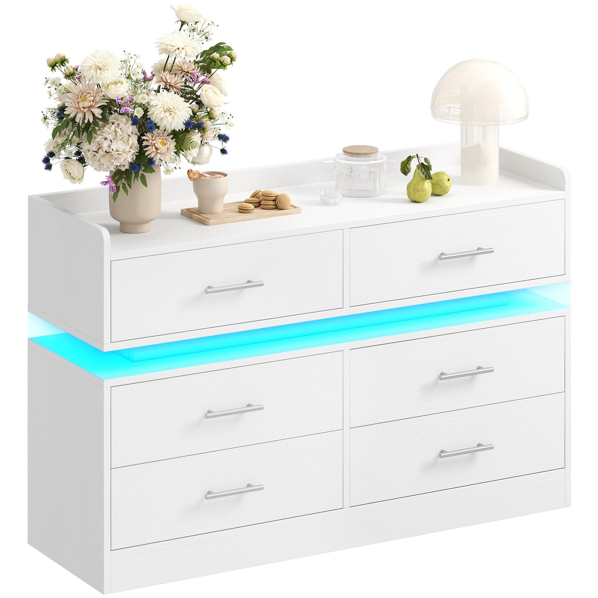 DWVO 6 Drawer Dresser with LED Light, Modern Dresser Chest of Drawers for Closet, Wide Drawer Organizer Cabinet with Top Storage Shelf, White