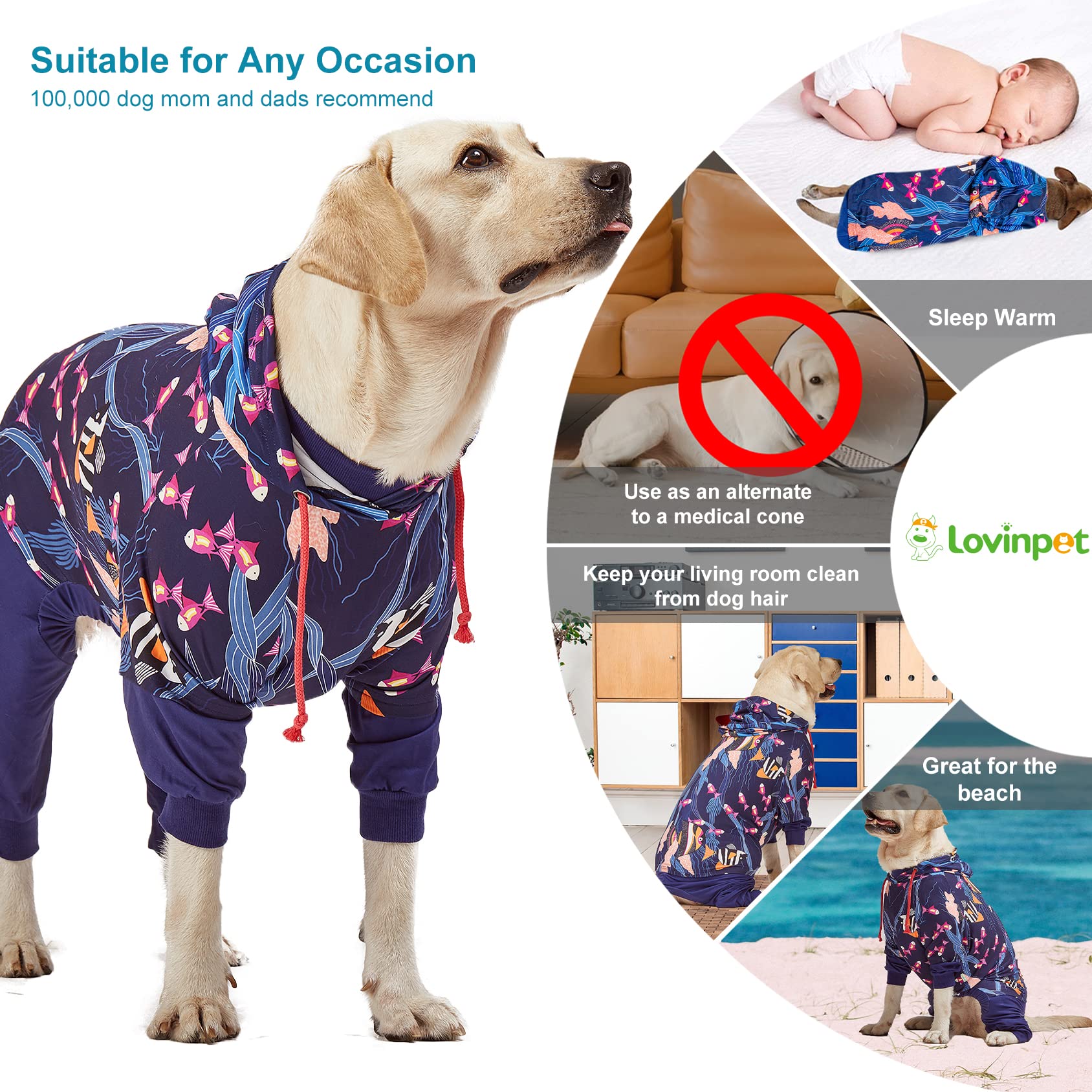 LovinPet Big Pitbull Dog PJS Wound Care/Post Surgery Dog Clothes,Anxiety Relief Onesies for Dogs,Lightweight Stretchy,Pet Pajamas for Dogs, Reflective Stripe,Fishtopia Seascape Navy Print /3XL