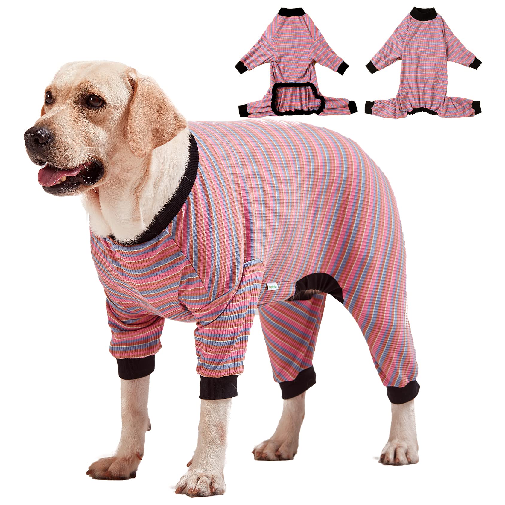 LovinPet Large Dog Pajamas, Cotton Multicolor Stripe Big Dog Shirt, Stop Shedding for Dogs, Full Body Dog Onesie, Pet Pajamas for Dogs, Pet PJ's, 3XL