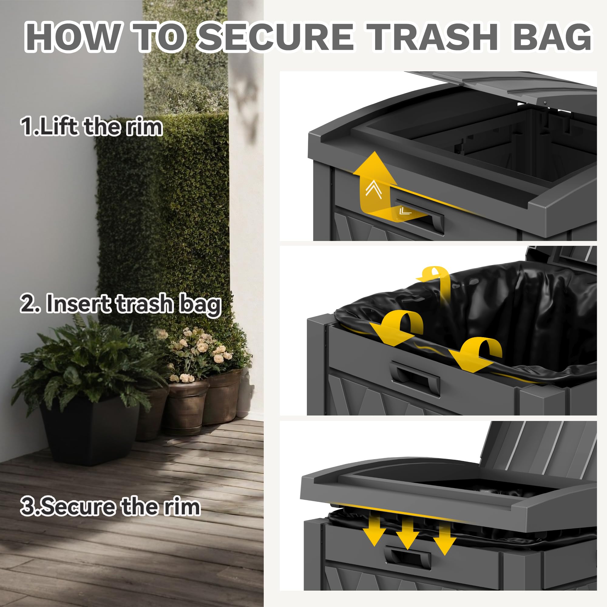 YITAHOME Outdoor Trash Bin with Layered Lid & Drip Tray 33 Gallon, Resilient Waterproof Garbage Can for Kitchen, Patio, Deck, and Backyard (Black)