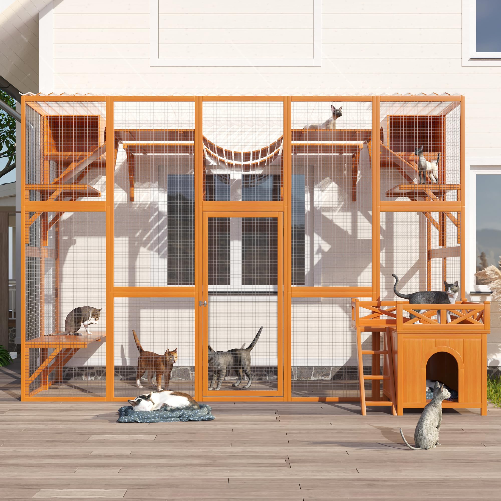 118" Large Wooden Window Catio Outdoor Cat Enclosure Walk in Cat Cage Kitten Playpen Patio with Weatherproof Roof, 2 Resting Houses,2 Bouncy Bridges and 6 Platforms Natural Wood