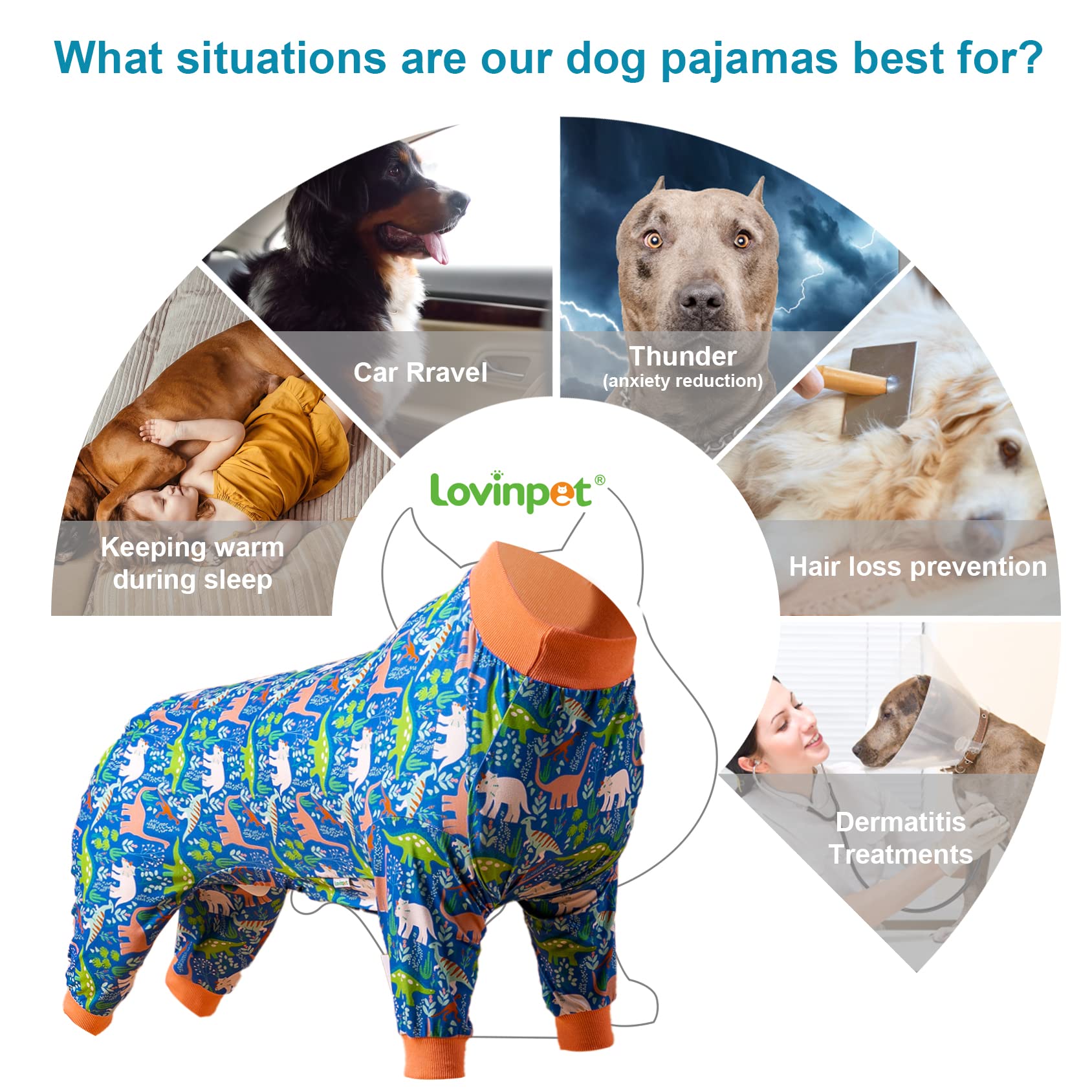 LovinPet Large Breed Dog Clothes Pajamas, Wound Care/Post Surgery Full Coverage Shirt, Dinosaur Land Blue Print, Lightweight Stretchy Knit Pullover Dog Onesie, Pet Pajamas for Dogs, Pet PJ's, 3XL