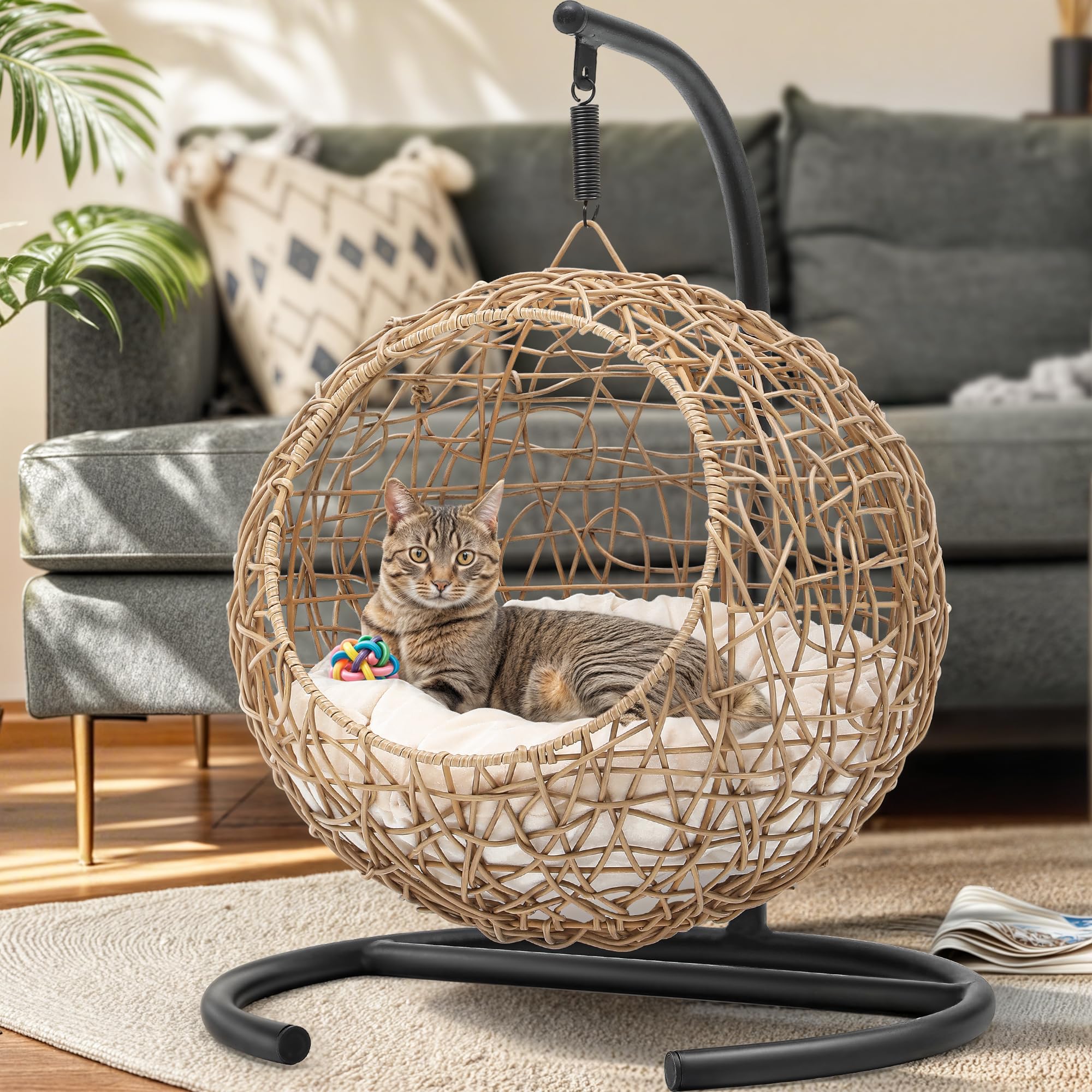 YITAHOME Cat Swing Bed with Stand & Cushion, Cat Egg Chair with Rattan Wicker Appearance, Indoor Hanging Swinging Cat Bed for Cats, Small Dogs, and Small Animals, Orange