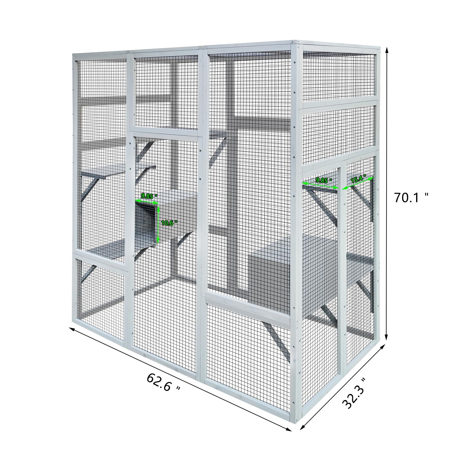 70'' Catio Outdoor Cat House, Cat Enclosure for Mulitiple Cats Large Walk in Cat Cage with Waterproof Cover, Feral Cat Shelter with 7 Platforms and 2 Resting Box Gray