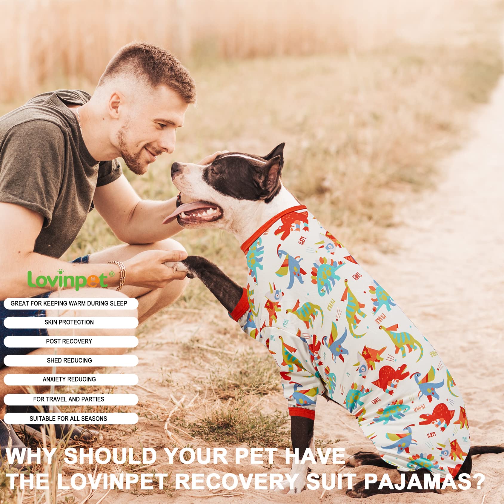 LovinPet Large Dog Pajamas, Undershirt for Dog Coats, Anti Licking, Pitbull Clothes, Pet Anxiety Calming Onesies for Dogs, White Dinos Print, Pet Pajamas for Dogs, Pitbull Shirt, M
