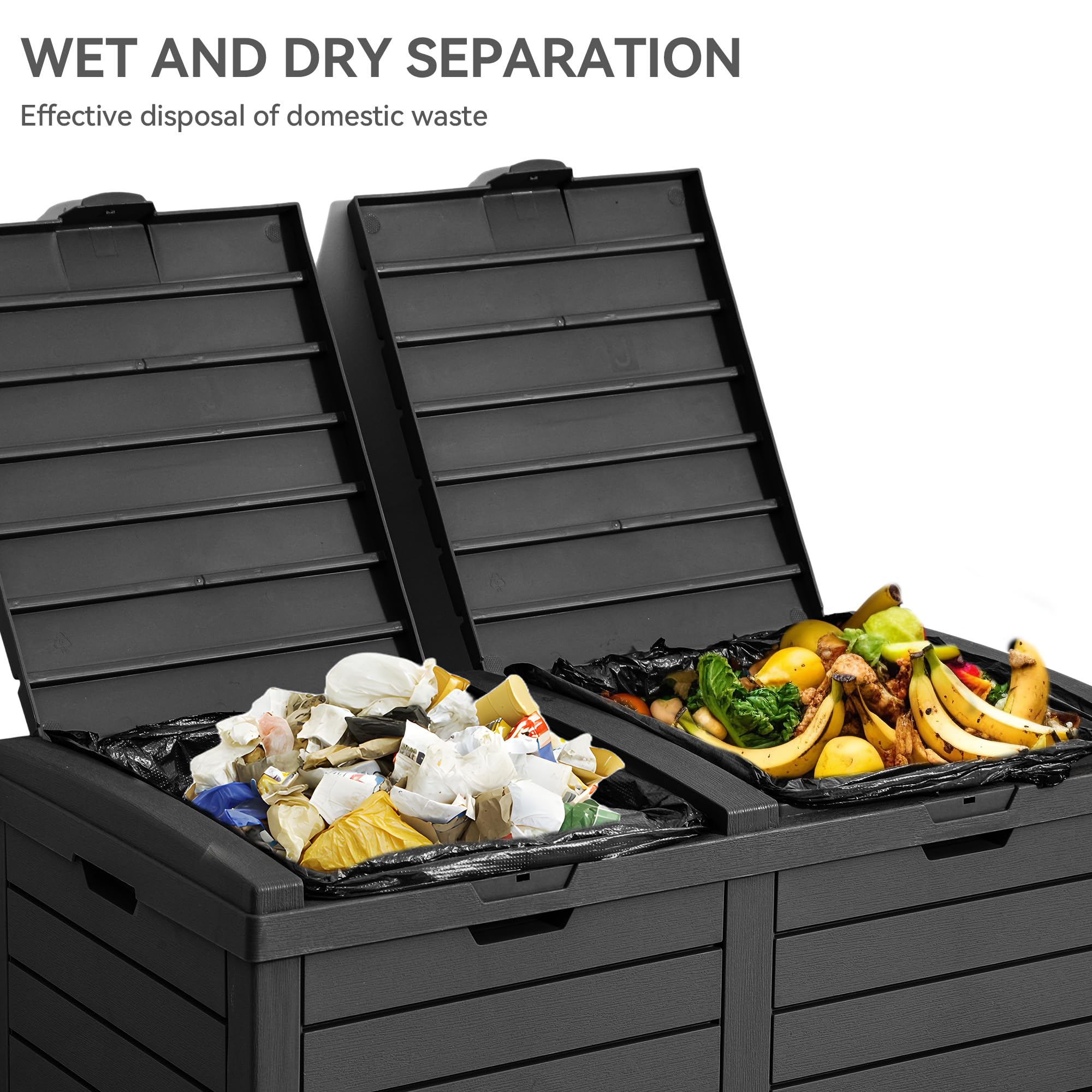 YITAHOME Outdoor Resin-Based Dual Compartment Trash Bins, 62 Gallon Capacity, Easy-to-Clean Hideaway Garbage Cans with Lid and Drip Tray (Black)
