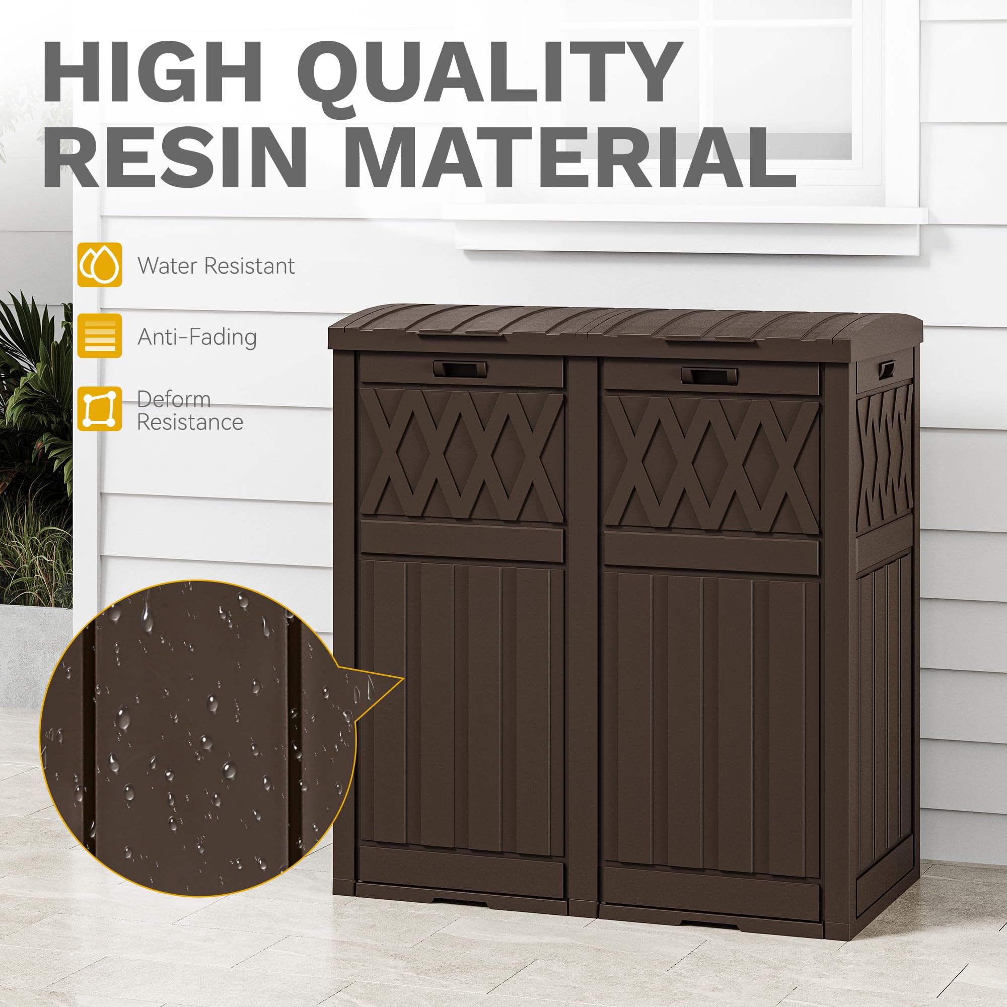 DWVO 76 Gallon Garbage Dual Can, Resin Outdoor Trash Can with Tiered Lid and Drip Tray, Waterproof Trash Bin for Patio, Kitchen, Backyard(Brown)