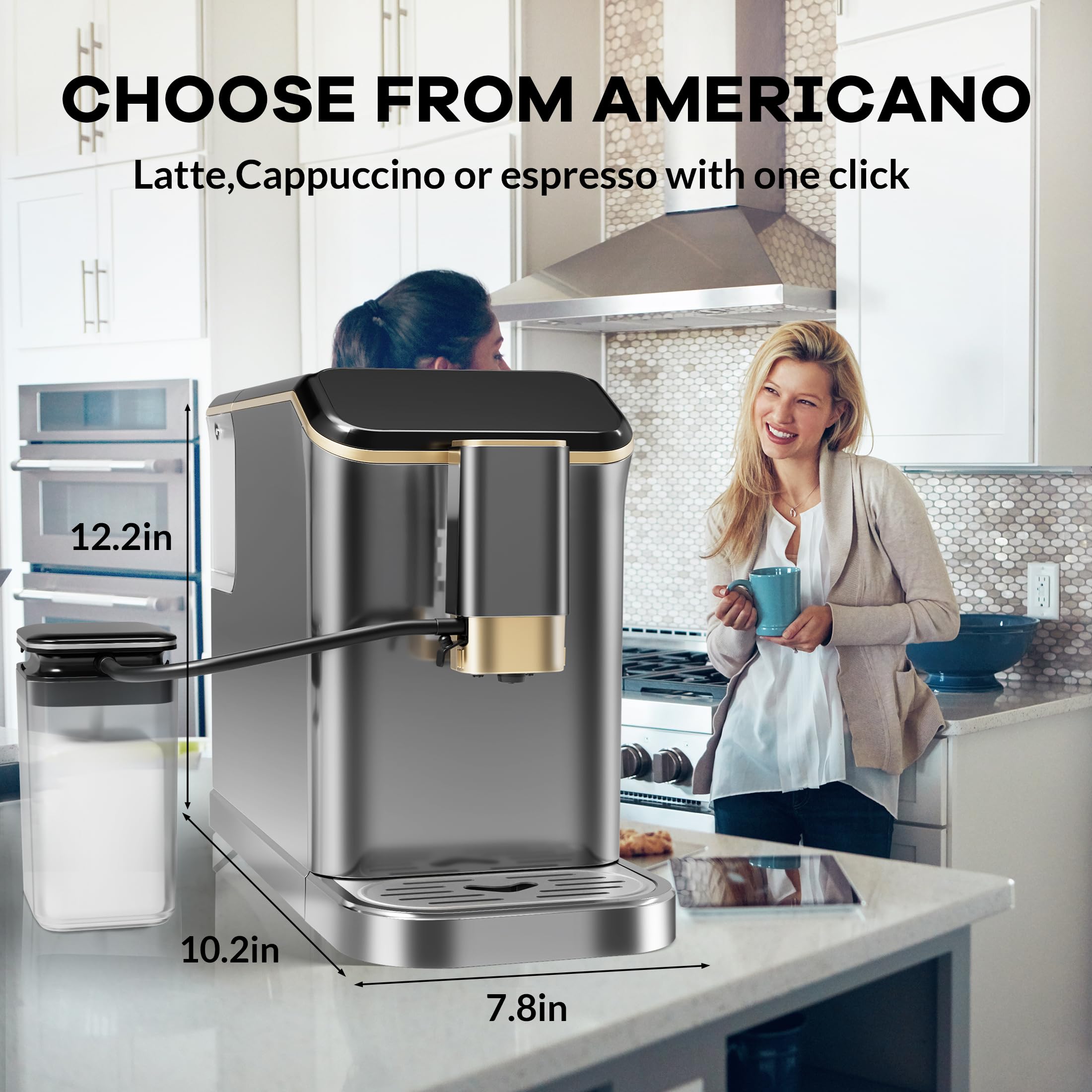 Super Automatic Espresso Machine 20 Bar With Milk Frother, Fully Automatic Bean to Cup Espresso Cappuccino and Latte Iced Coffee Maker Built-In Burr Grinder, Milk Container, Intuitive Touch Display