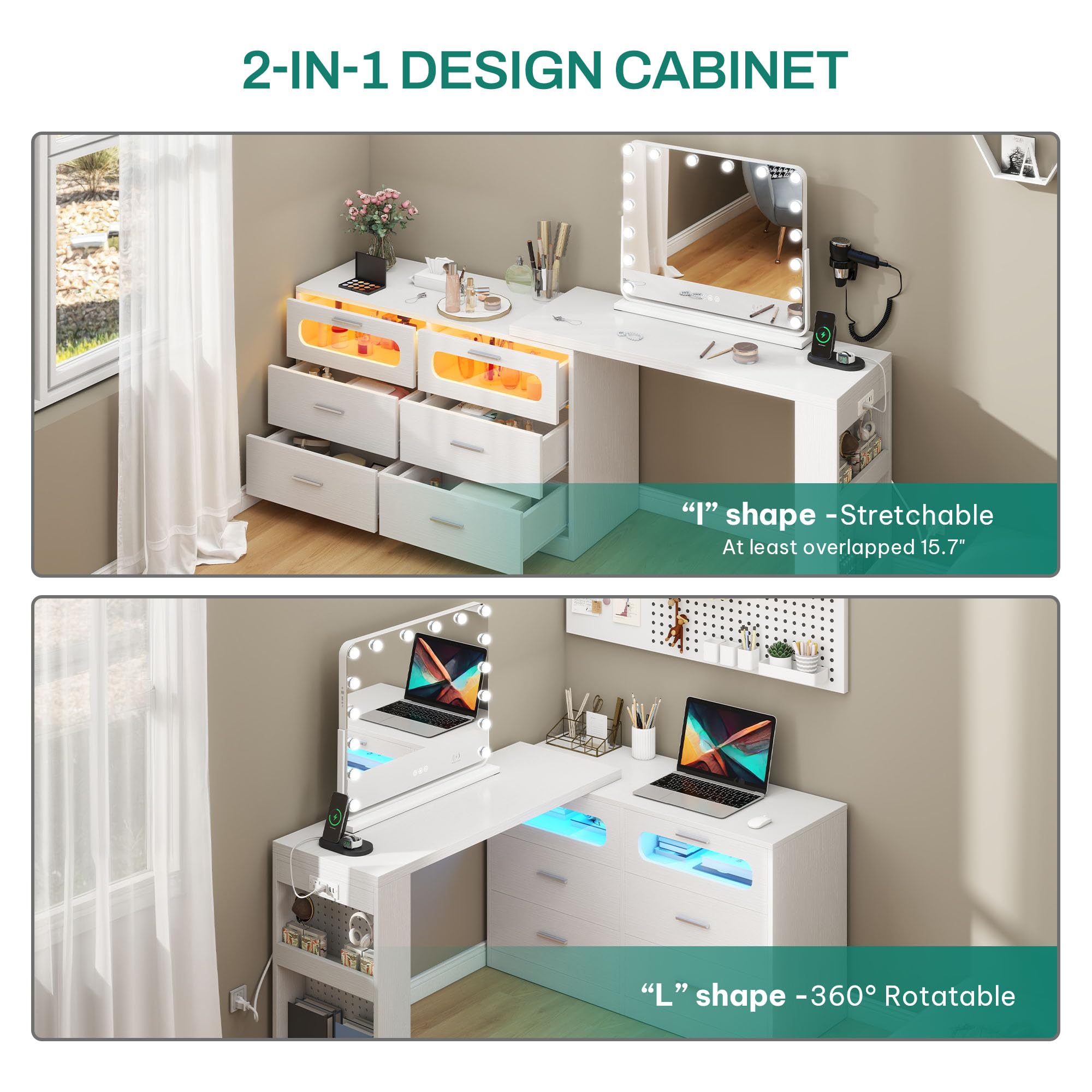 DWVO L Shaped Computer Desk with Power Outlet & RGB Light, 78.8" Reversible Gaming Desk for Bedroom, 360° Rotatable LED Drawer Dresser with 6 Drawers, Home Office Desk with Charging Station, White