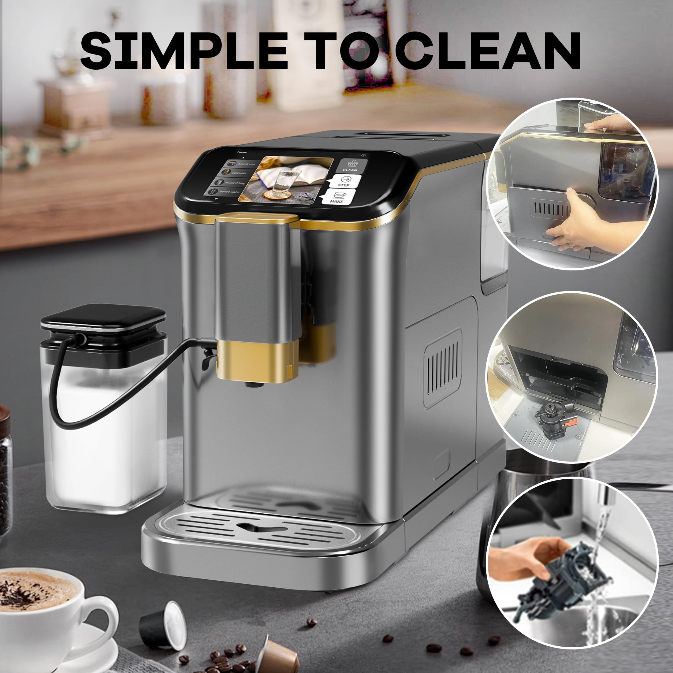 Super Automatic Espresso Machine 20 Bar With Milk Frother, Fully Automatic Bean to Cup Espresso Cappuccino and Latte Iced Coffee Maker Built-In Burr Grinder, Milk Container, Intuitive Touch Display