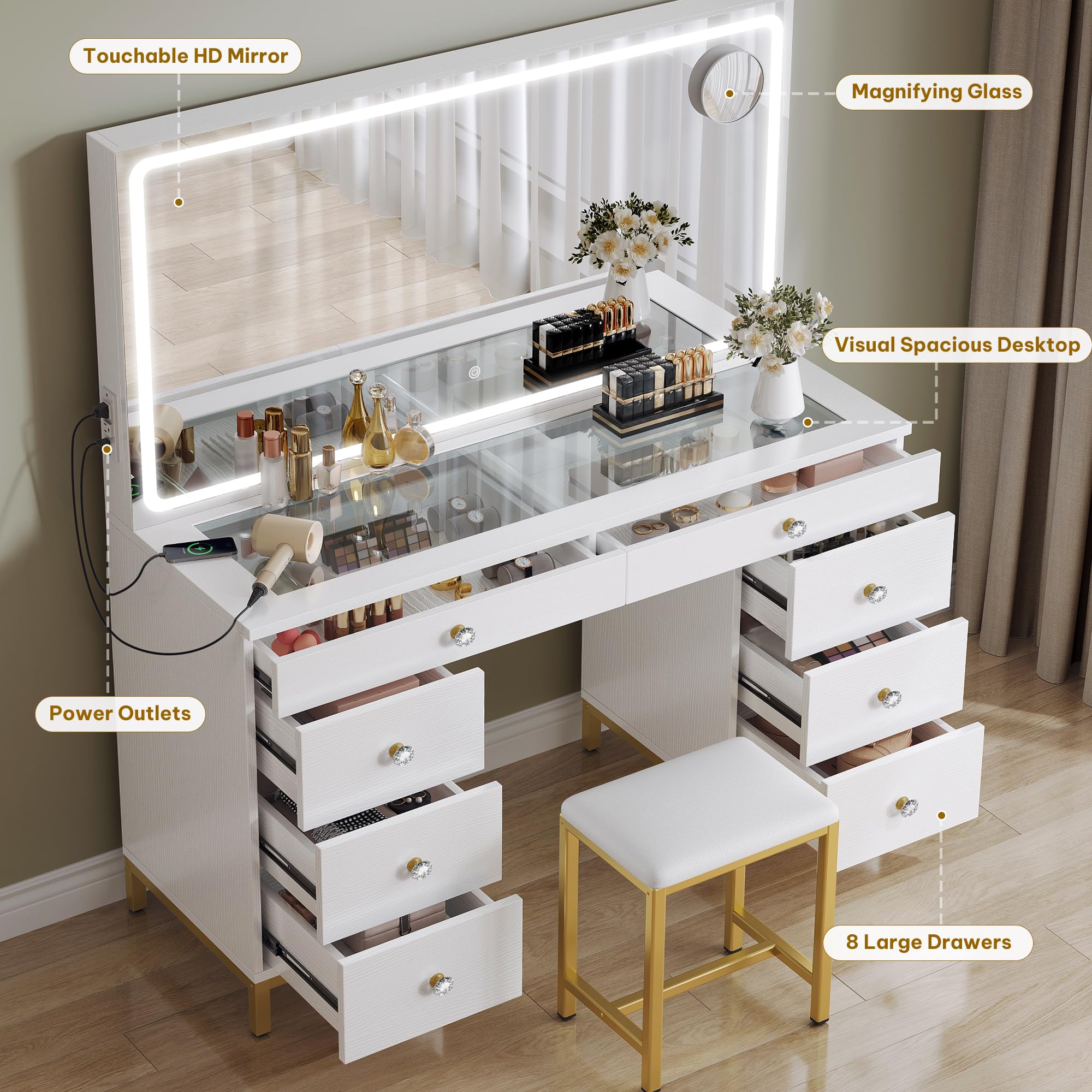 YITAHOME Vanity Desk with Mirror, Power Outlet and Magnifying Glass, Dressing Table Set with Chair, Makeup Vanity Table with Stool, 8 Drawers, Adjustable 3 Lighting Colors, White