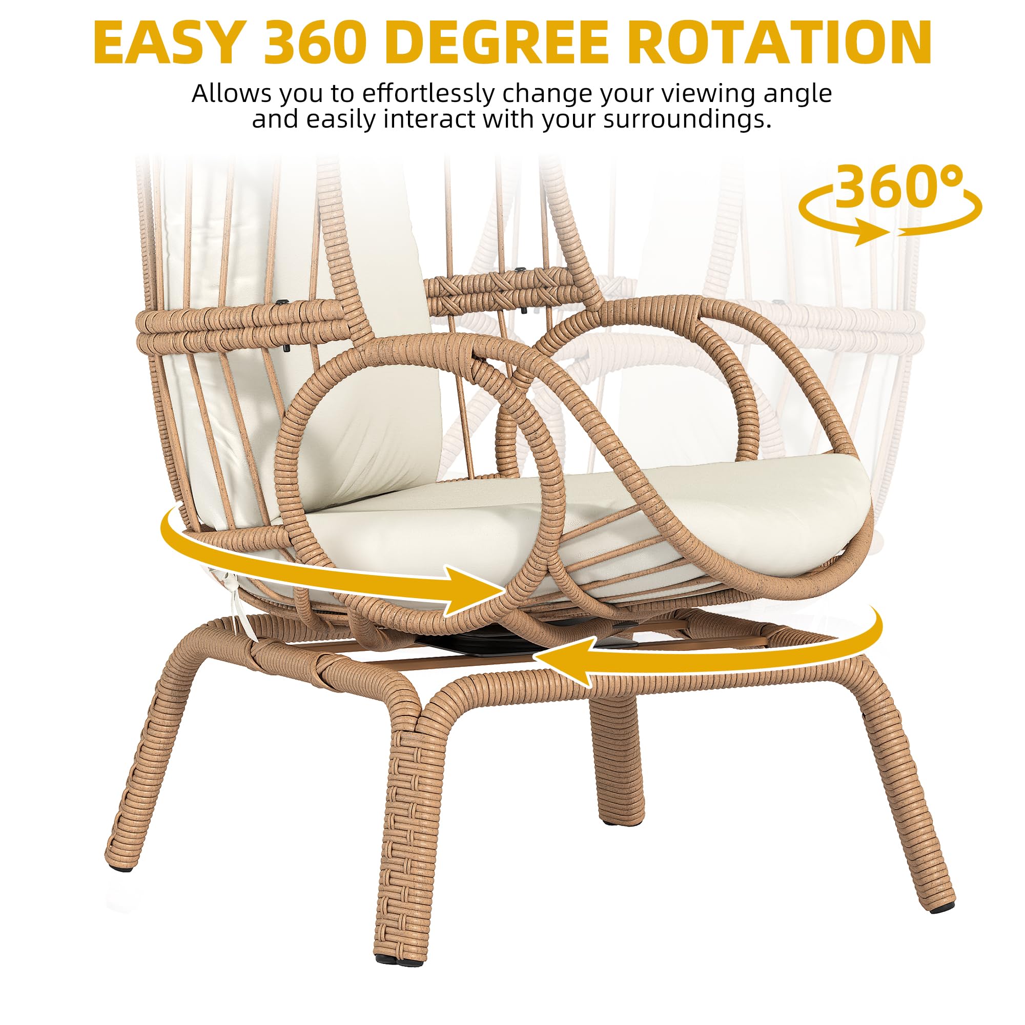 DWVO Swivel Egg Chair Outdoor, 370lbs Capacity Wicker Patio Rotating Basket Chair, All-Weather Small Egg Lounger Chair for Indoor Outside, Beige