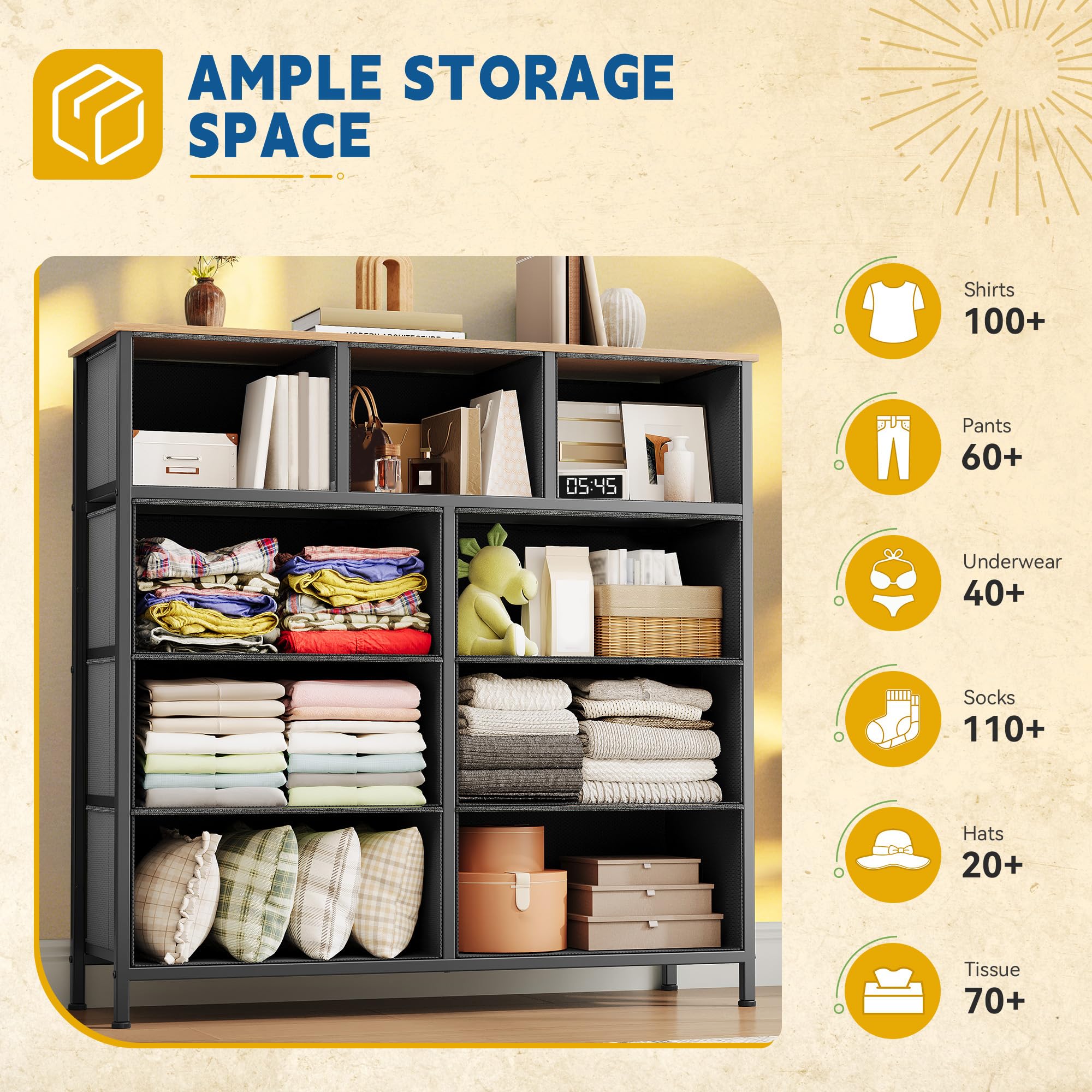 DWVO Dresser with 9 Drawers - Fabric Storage Tower, Organizer Unit for Living Room, Hallway, Closets - Sturdy Steel Frame, Wooden Top & Easy Pull Fabric Bins (Dark Black Grey)