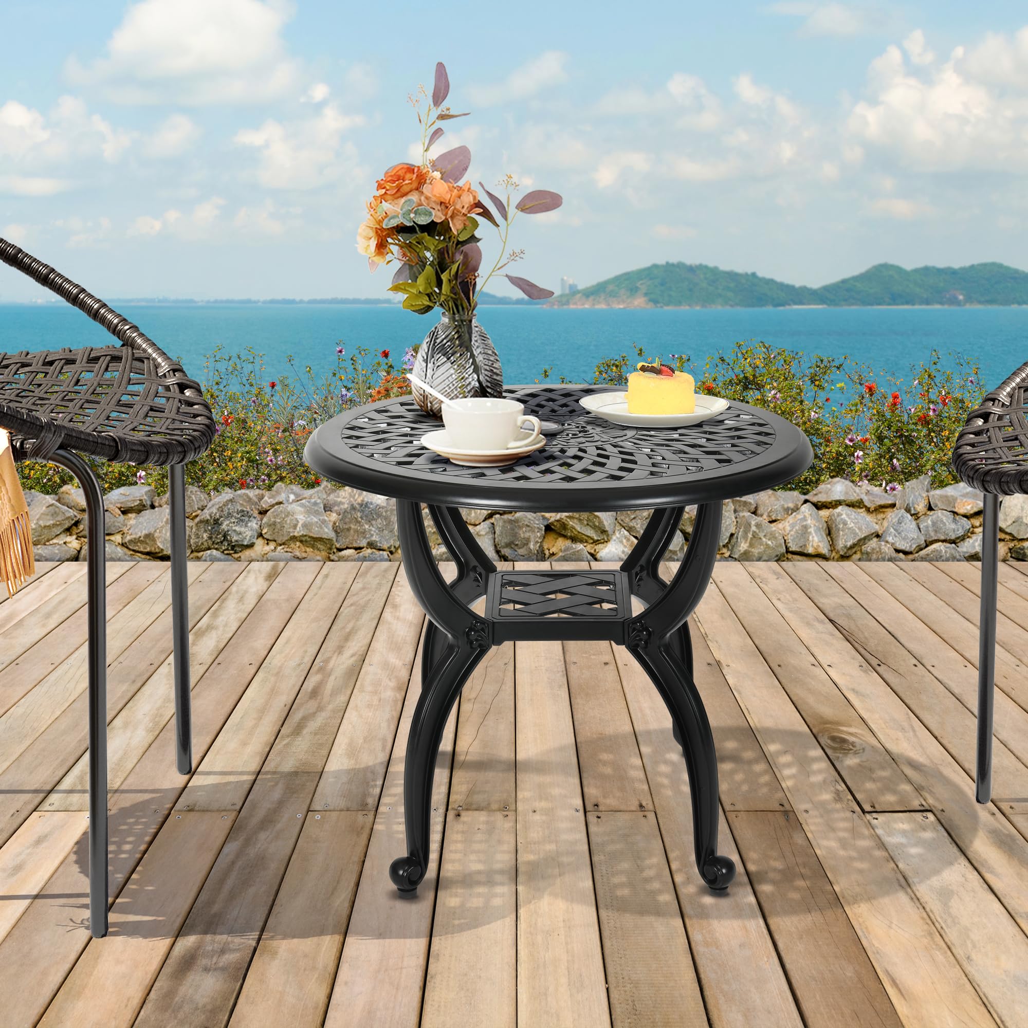 DWVO Outdoor Cast Aluminum Round Side Table, Patio Bistro Table with Adjustable Foot Pads for Backyard Garden Porch Balcony, Black