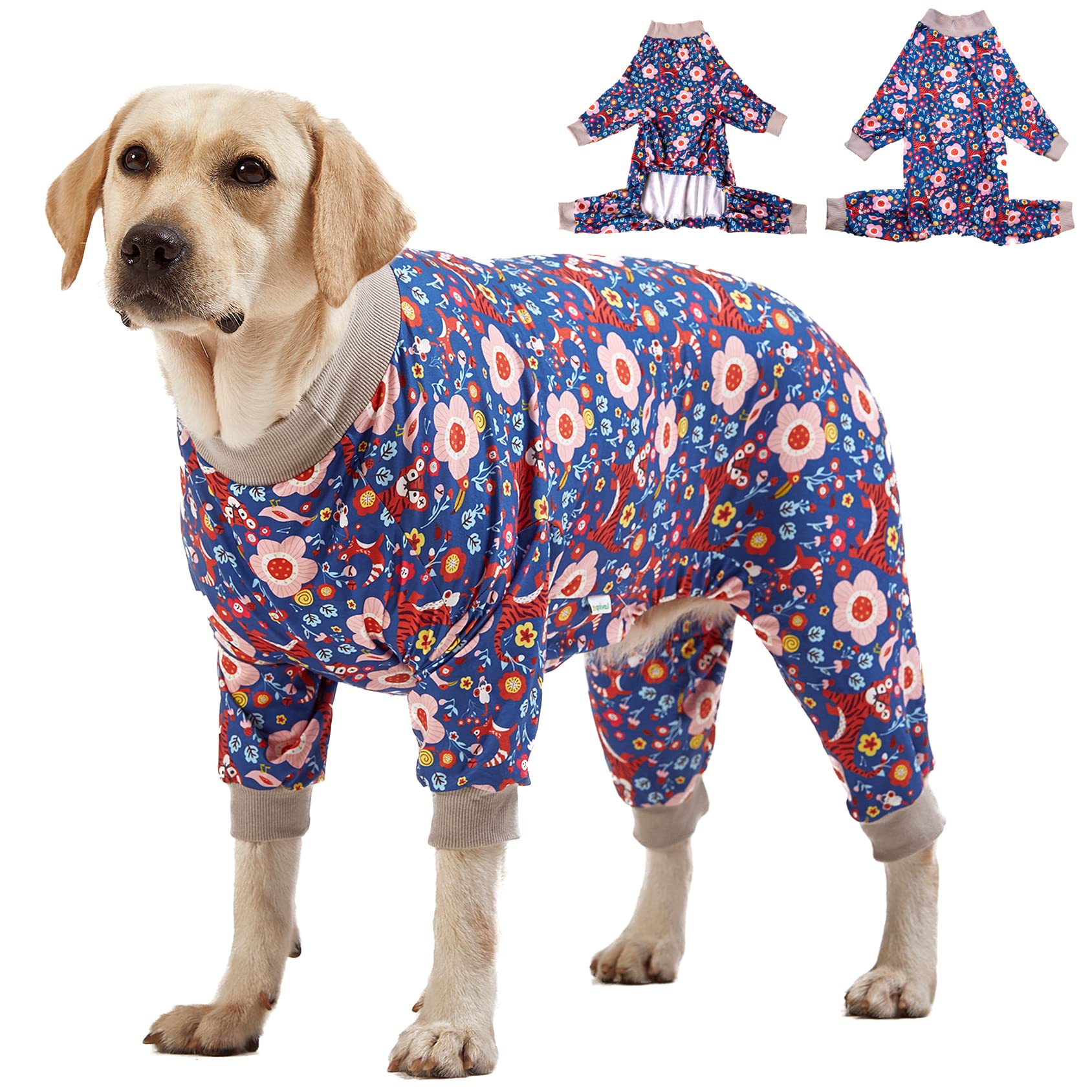 LovinPet Pit Bull Pajamas Large Dogs PJS - Tiger Garden Blue and Pink Print/Lightweight Stretchy Knit Big Dog Pullover Jammies, Large Breed Dog Pajamas, Pet PJ's /3XL