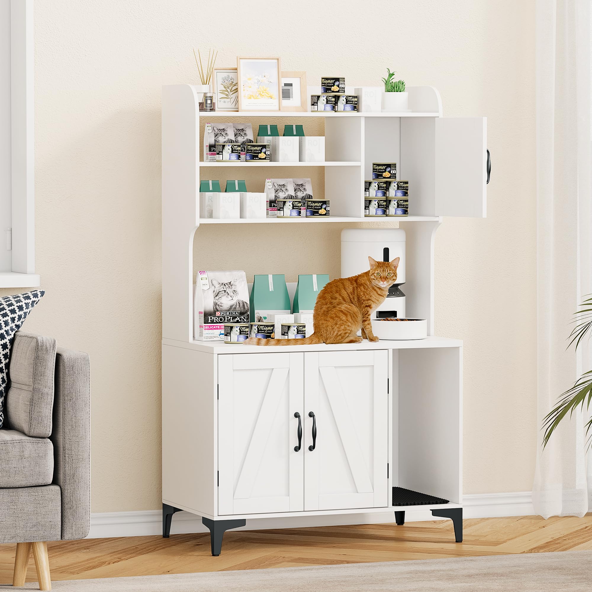GarveeLife Litter Box Enclosure with Shelves, Cabinet, Hidden Cat Box Furniture, Scratching Mat, Wood Sturdy Washroom Storage, Indoor House, White