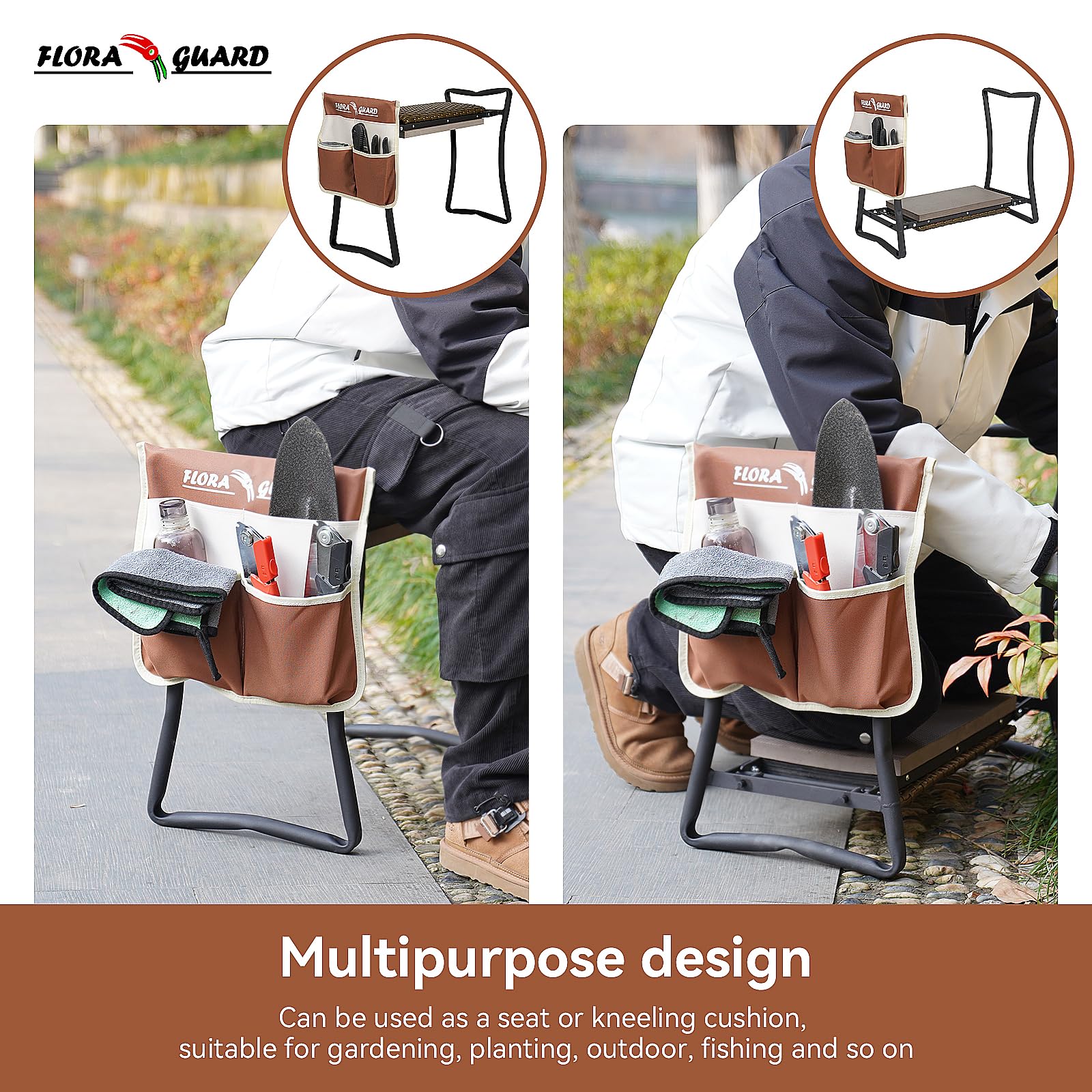 FLORA GUARD Garden Kneeler and seat, Folding seat with Tool Bag, Rattan Cushion, Heavy Duty Carbon Steel Construction, Perfect Gardening Gift for Seniors and Women
