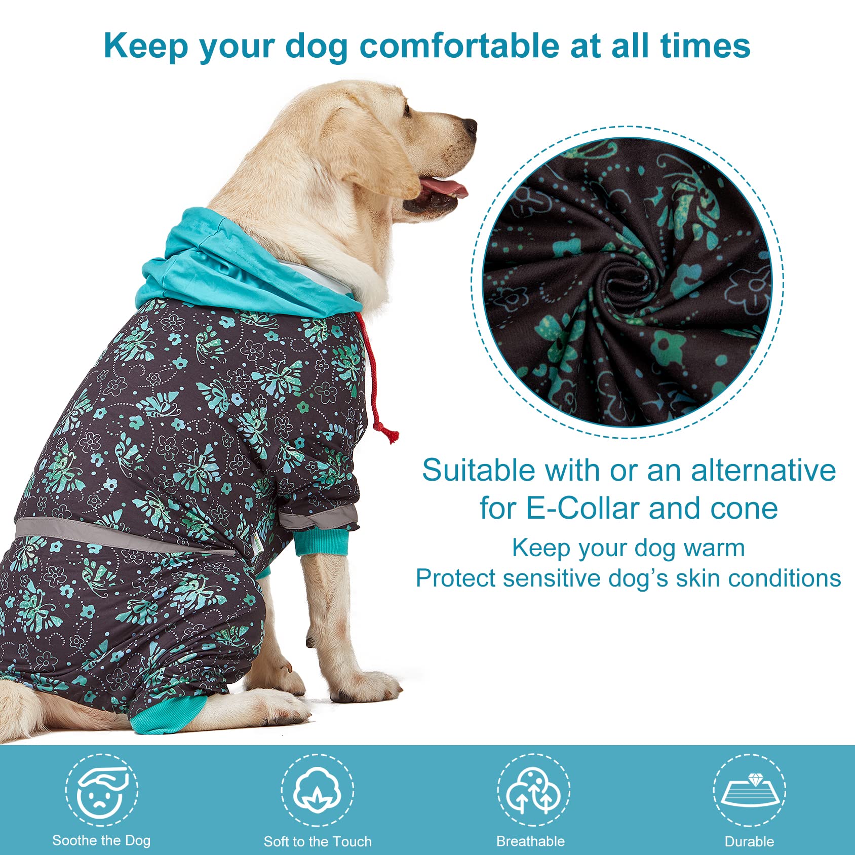LovinPet Dog Pajamas, UV & Wound Care, Dog Anxiety Relief, Reflective Stripe, Butterflies and Rings Black Print, Post Surgery Pet PJ's, Large Breed Dog Onesie Pajamas, Large
