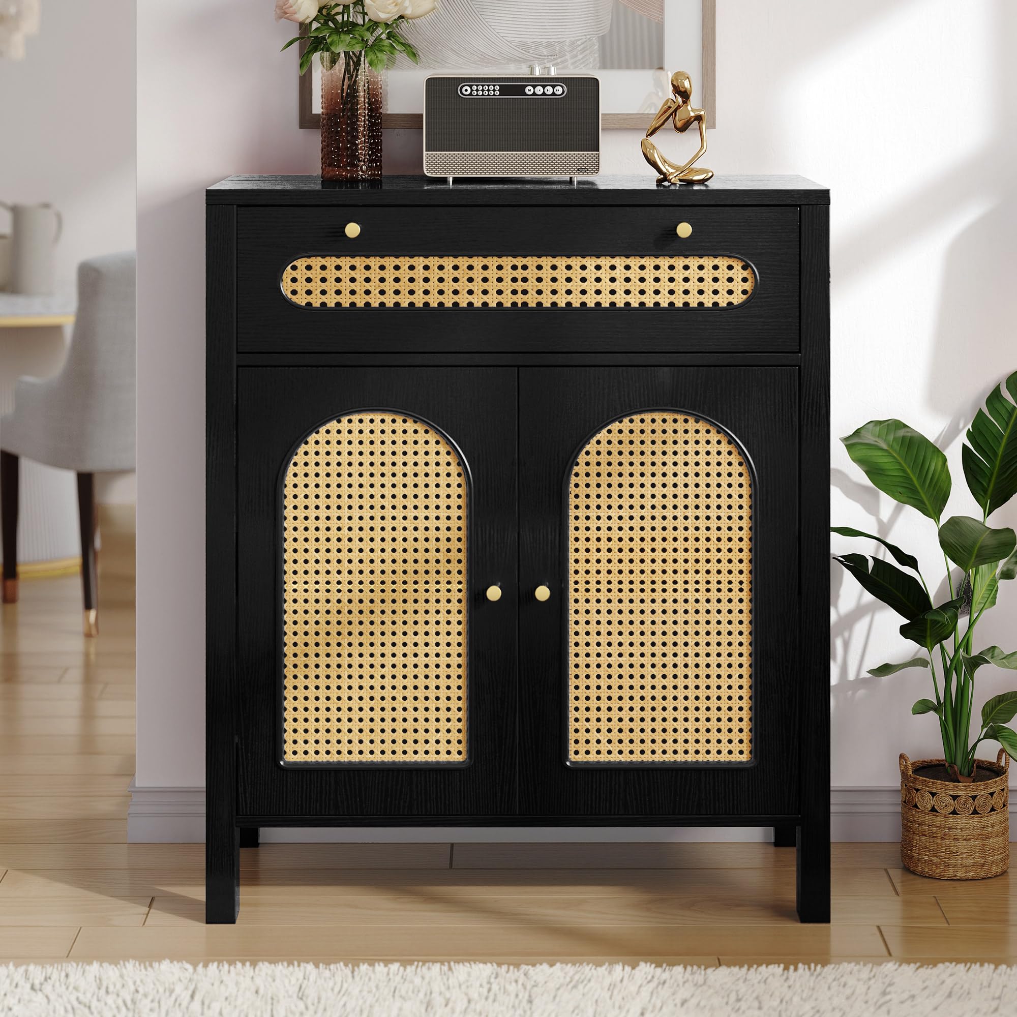 DWVO Rattan Drawer Dresser with Doors and Adjustable Shelves - Bathroom Cabinet with Large Drawer-Accent Cabinet Sideboard for Living Room/Entryway - Black
