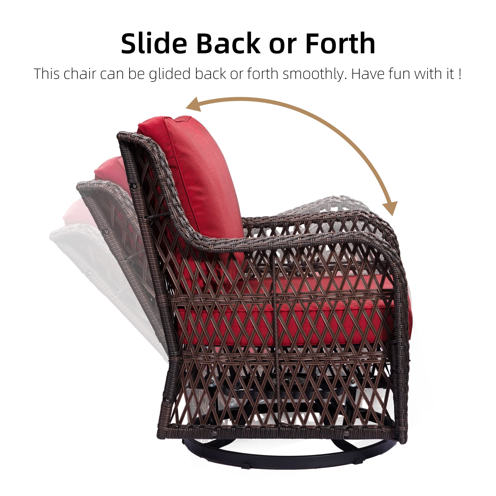 3-Piece Outdoor Wicker Patio Bistro Set w/ 2 360-Degree Swivel Rocking Chairs and Tempered Glass Top Side Table, 360° Swivel Patio Furniture for Backyard, Porch, Deck, Balcony, Garden, Red