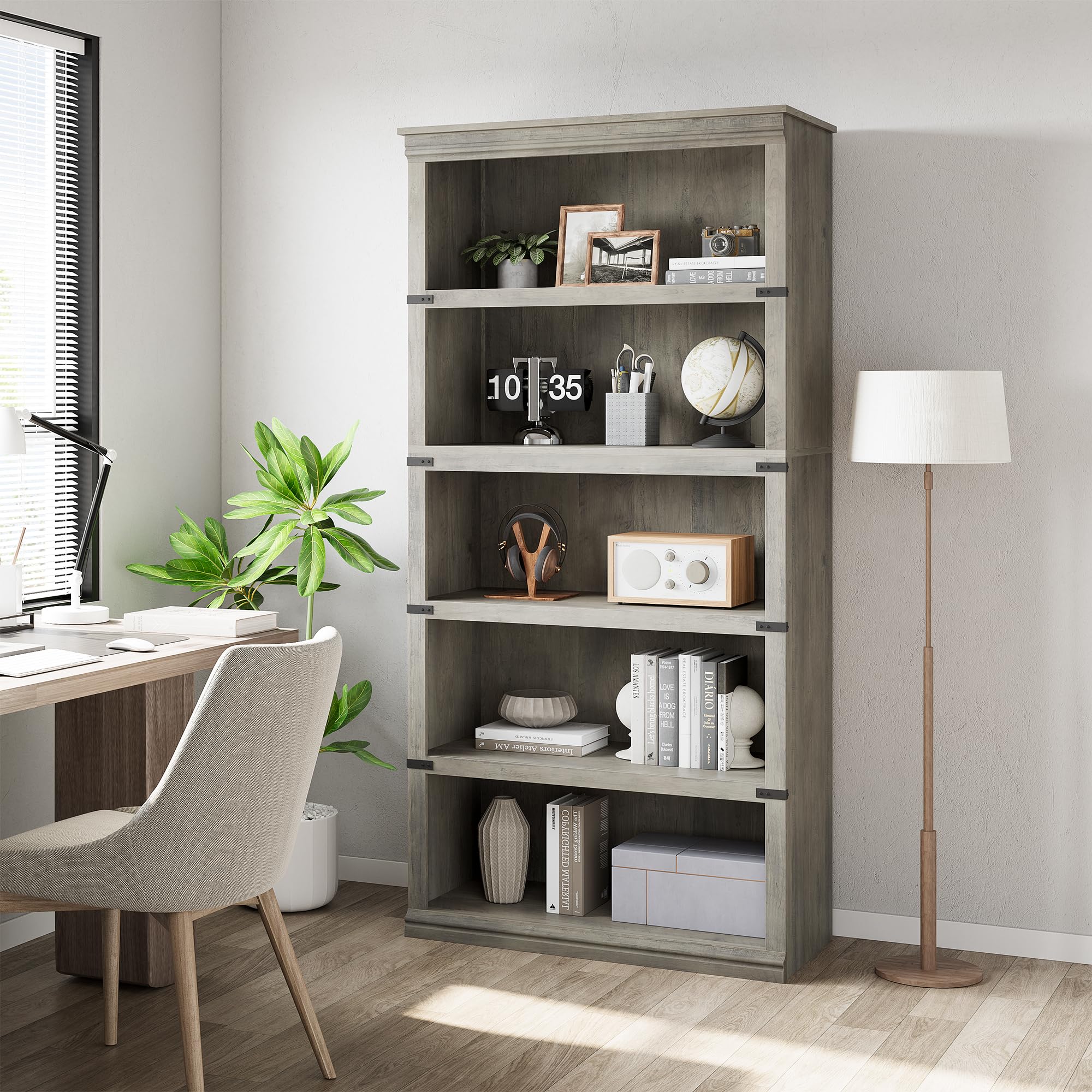 GarveeHome 5 Tier Farmhouse Bookcase, 67.4" Tall Book Shelf with Storage, Wooden Bookshelves 5 Shelf Display Shelvesfor Home Office, Living Room, Bed Room (Grey, 67.4" H x 31.5" W x 12.8" D)
