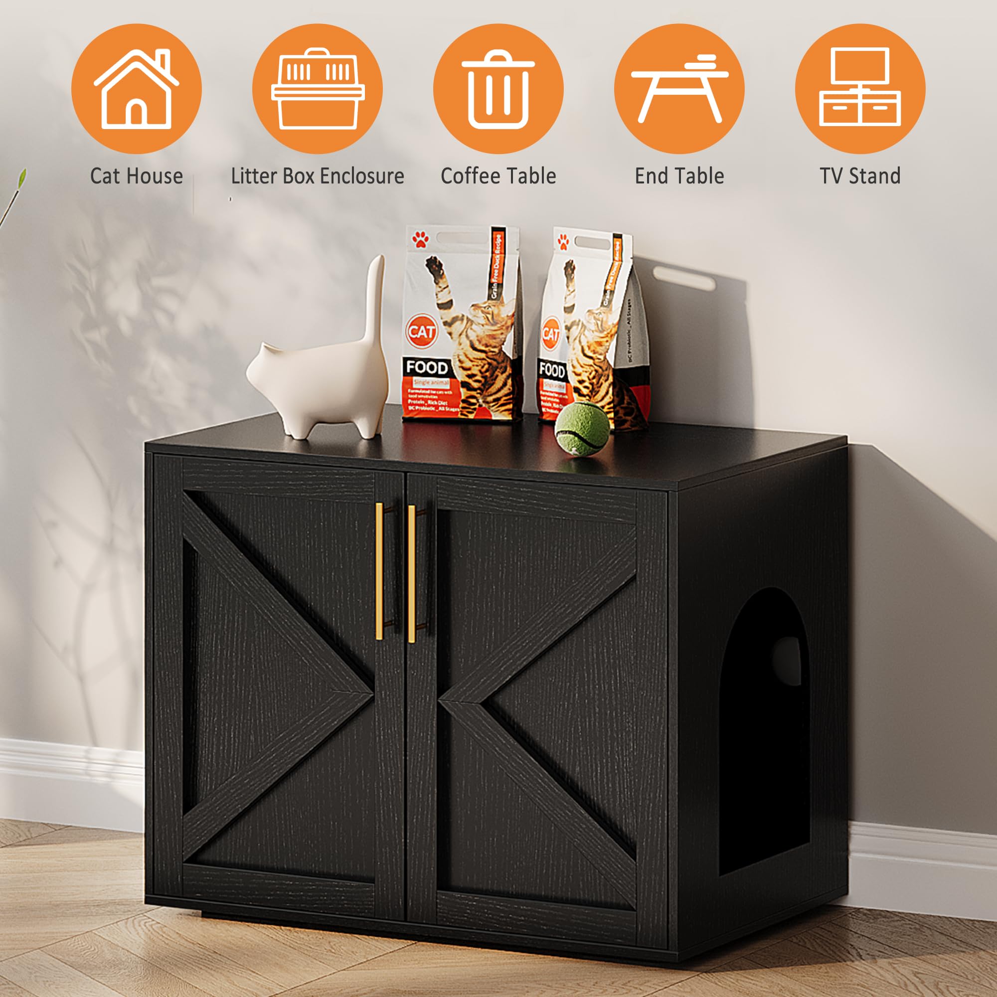GarveeHome Cat Litter Box Enclosure, Hidden cat Litter Box Furniture with with 2 Doors and Pads, Wooden Kitty Litter Box Cabinet Furniture (Black, 1 Room)