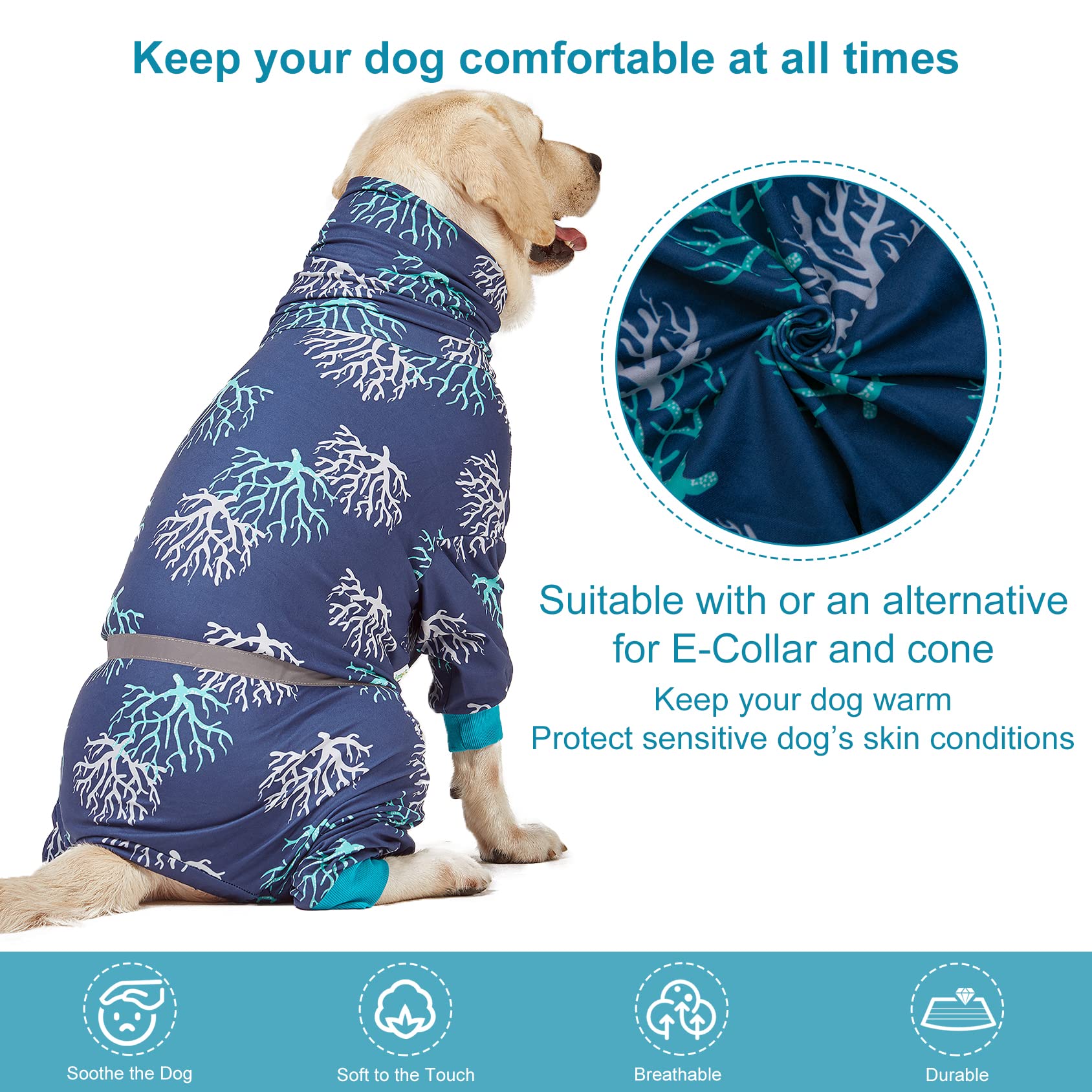 LovinPet Boxer Dogs Onesie Pajamas - UV Protection&Wound Care, Anxiety Relief, Lightweight Stretchy Fabric, Reflective Stripe, Coral Tree Print, Post Surgery Clothes, Pet PJ's /2XL