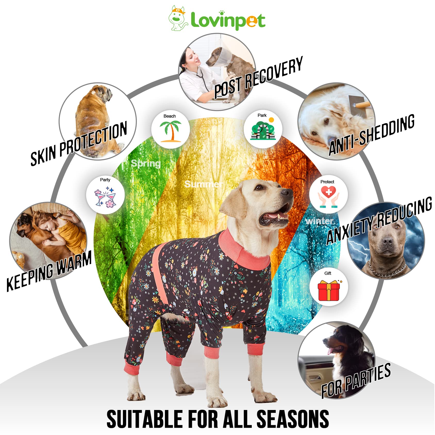 LovinPet Large Dog Pajamas, Post Surgery Onesie for Large Breed Dogs, Reflective Stripe, Breatheable Stretch Jersey Knit, Nighttime Print, Dog Jammies, Pet PJ's, Pet Pajamas for Dogs, 2XL