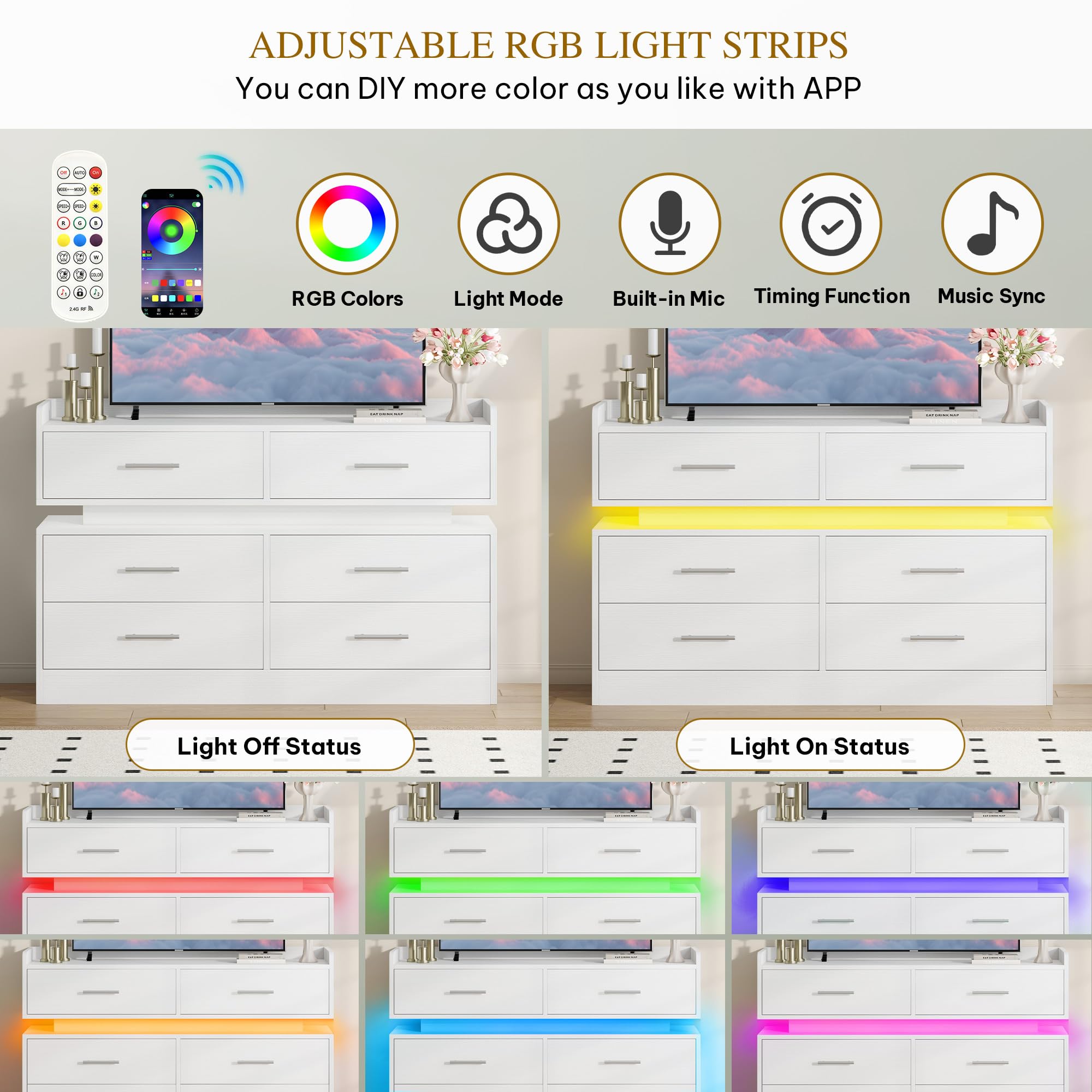 DWVO 6 Drawer Dresser with LED Light, Modern Dresser Chest of Drawers for Closet, Wide Drawer Organizer Cabinet with Top Storage Shelf, White