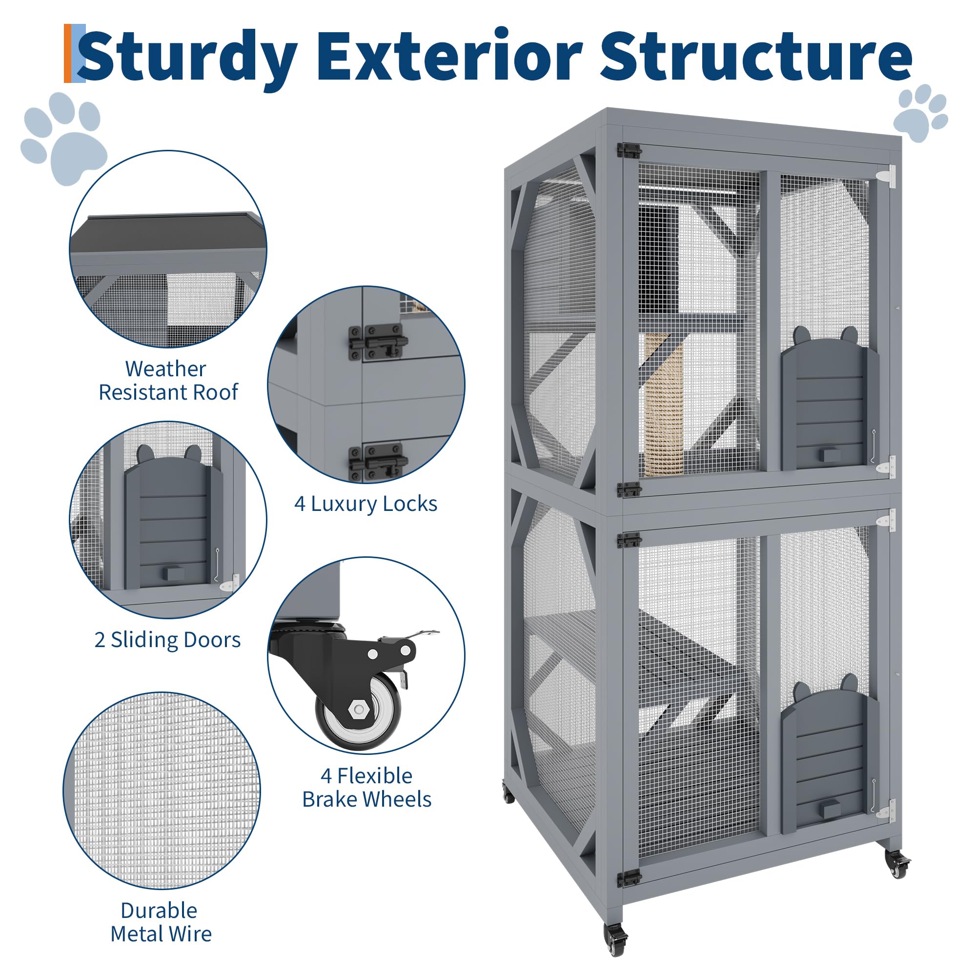 Outdoor Cat Enclosure On Wheels, 68'' Window Catio Kitty House with Weatherproof Roof, 4 Platforms, Resting Box and Scratch Post, Portable Cat Playpen Feral Cats Shelter Grey