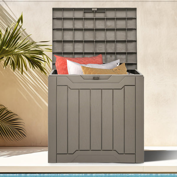 DWVO 30 Gallon Outdoor Storage Deck Box, Resin Patio Storage for Gardening Tools, Patio Cushions, Waterproof and Lockable (Light Brown)