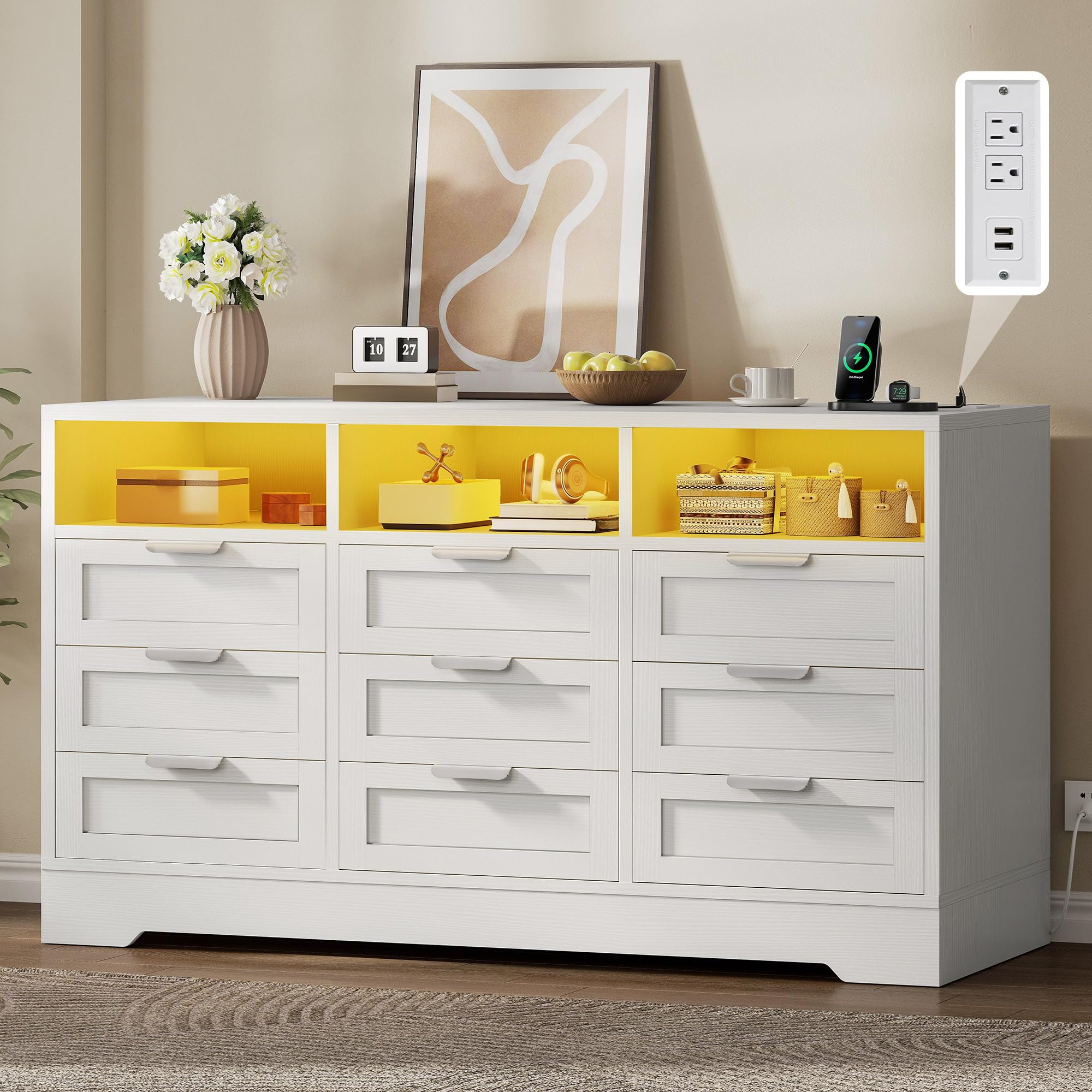 DWVO 9 Drawer Double Dresser with LED Ligh, Modern Chests of Drawers with Power Outlet, High White Storage Dresser with Charging Station-White