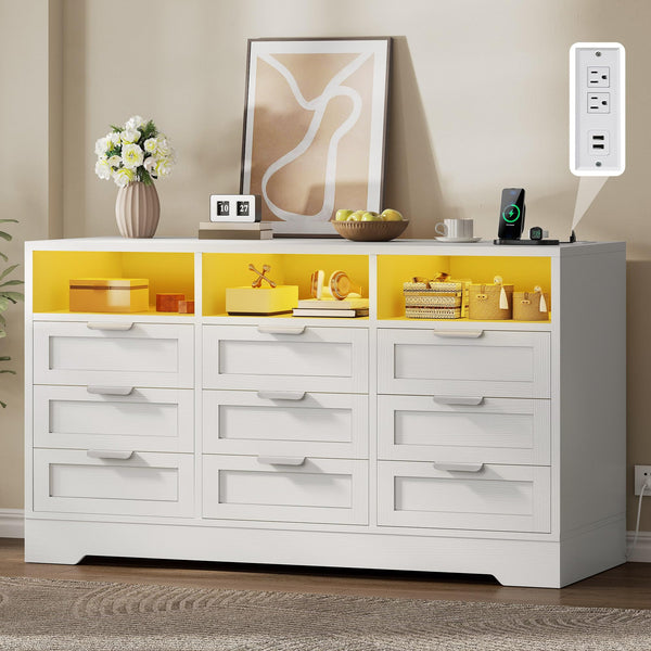 DWVO 9 Drawer Double Dresser with LED Ligh, Modern Chests of Drawers with Power Outlet, High White Storage Dresser with Charging Station-White