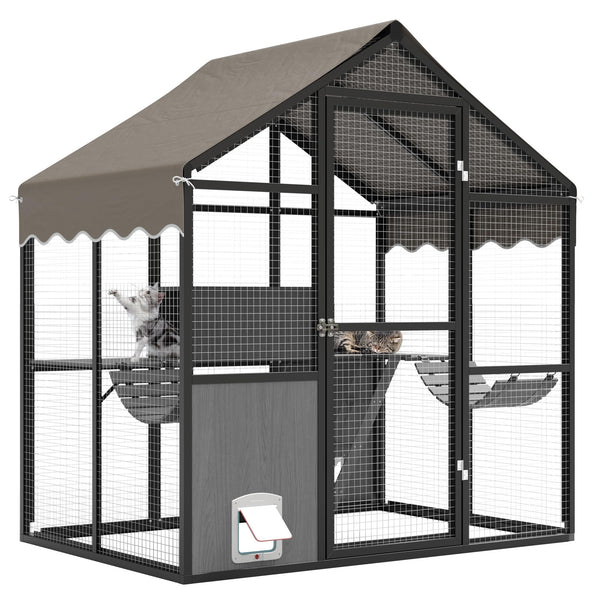 Aluminum Walk-In Large Outdoor Cat Enclosure, Large Outdoor Catio for Multiple Cats, Outside Cattery with Weatherproof Roof with Channels, Side Door, UV Proof Cover, Huge Condo, Platform