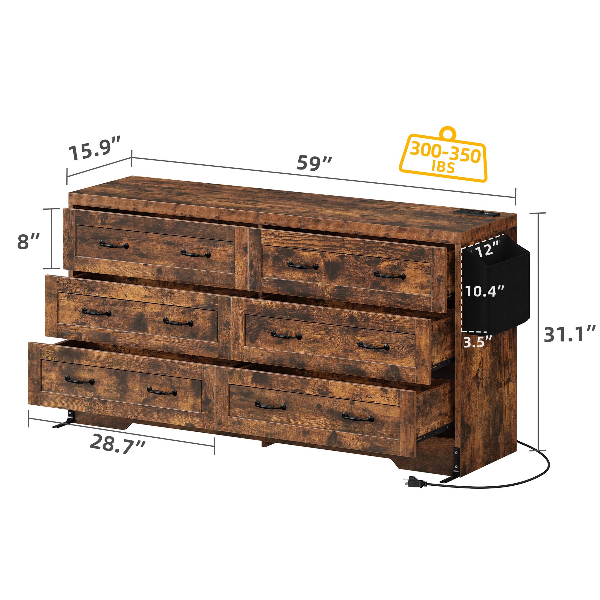 DWVO Farmhouse 6 Drawer Dresser for Bedroom, 31.5 Inch Tall Modern Dresser TV Stand with Large Drawers & Bar Handles, Storage Dressers with Power Outlets, Rustic Wood Chest of Drawers, Rustic Brown
