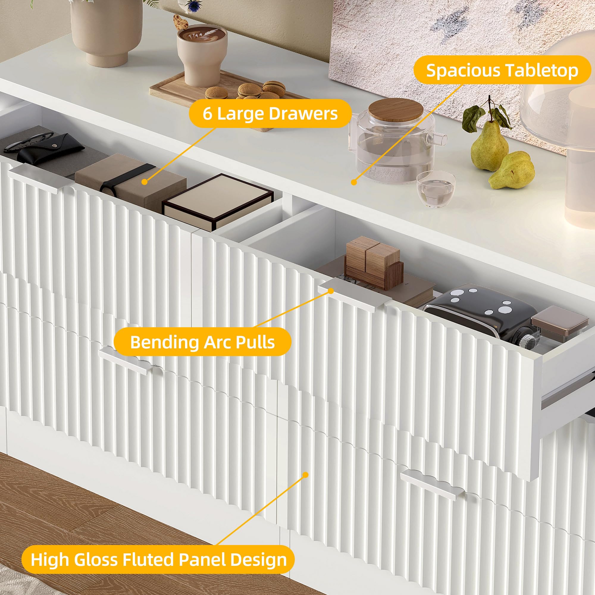 DWVO 6 Drawer Dressers, High Gloss White Dressers Drawers with Fluted Panel, Wide Versatile TV Stand Cabinet Table for Kitchen and Office, White