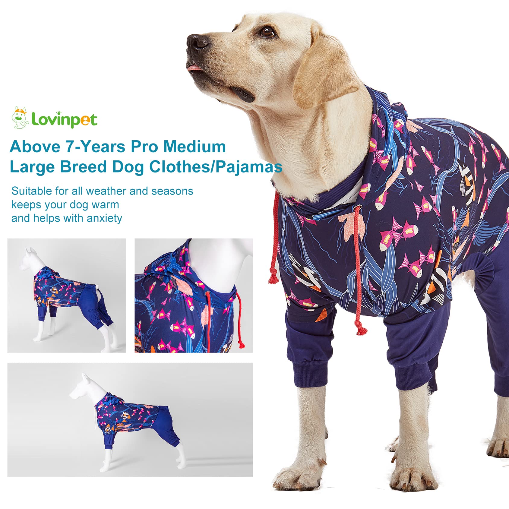 LovinPet Big Pitbull Dog PJS Wound Care/Post Surgery Dog Clothes,Anxiety Relief Onesies for Dogs,Lightweight Stretchy,Pet Pajamas for Dogs, Reflective Stripe,Fishtopia Seascape Navy Print /3XL