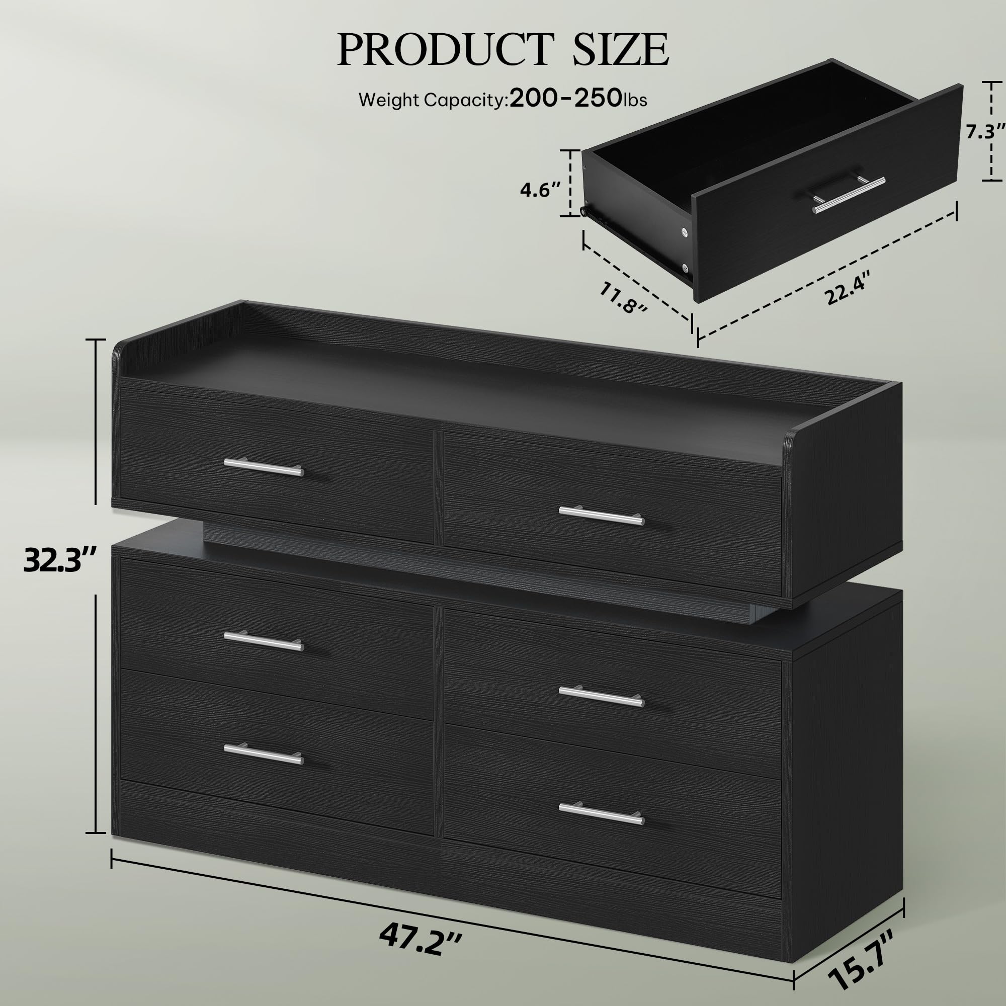 DWVO 6 Drawer Dresser, Modern Dresser Chest of Drawers, Wide Drawer Organizer Cabinet with Top Storage Shelf, Black