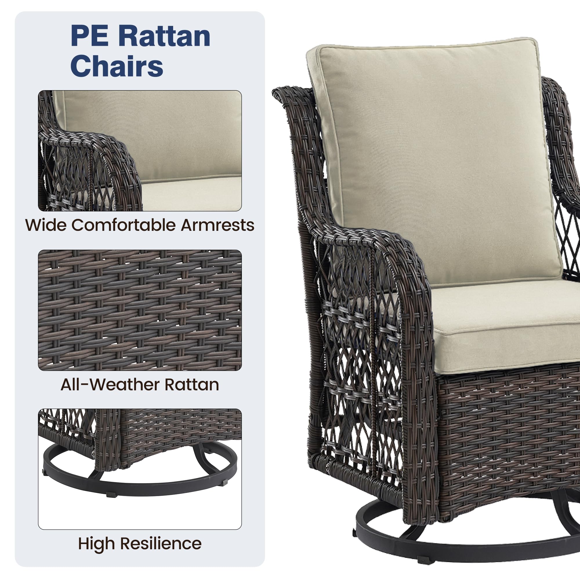 GarveeLife 3 Pieces Outdoor Swivel Rocker Chair Set Swivel Glider Rocker Rocking Chair Set with Glass Top Table with Thick Cushions for Backyard, Balcony, Deck,Outdoor, Brown Rattan and Beige Cushion