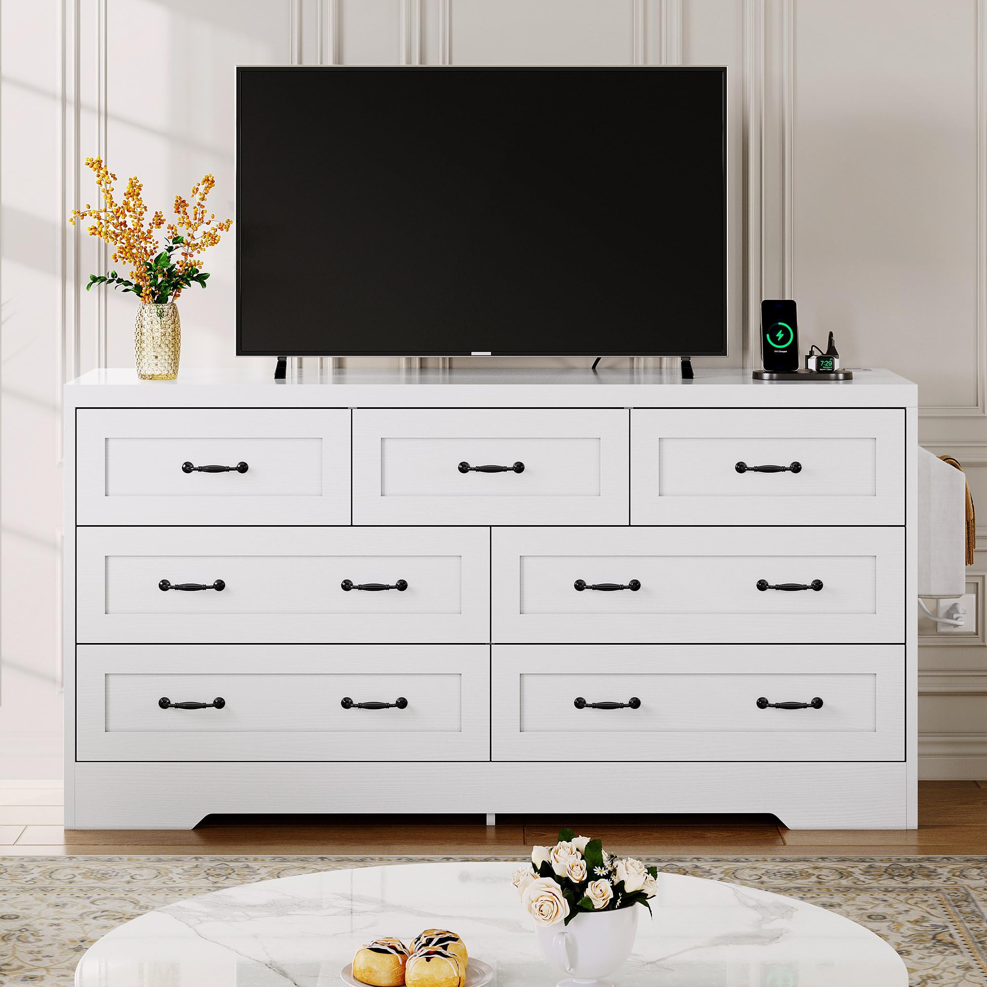 DWVO Farmhouse 7 Drawer Dresser for Bedroom, 59" Wide Large Modern Dresser TV Stand with Drawers & Bar Handles, Storage Dressers with Power Outlets, Rustic Wood Chest of Drawers, White
