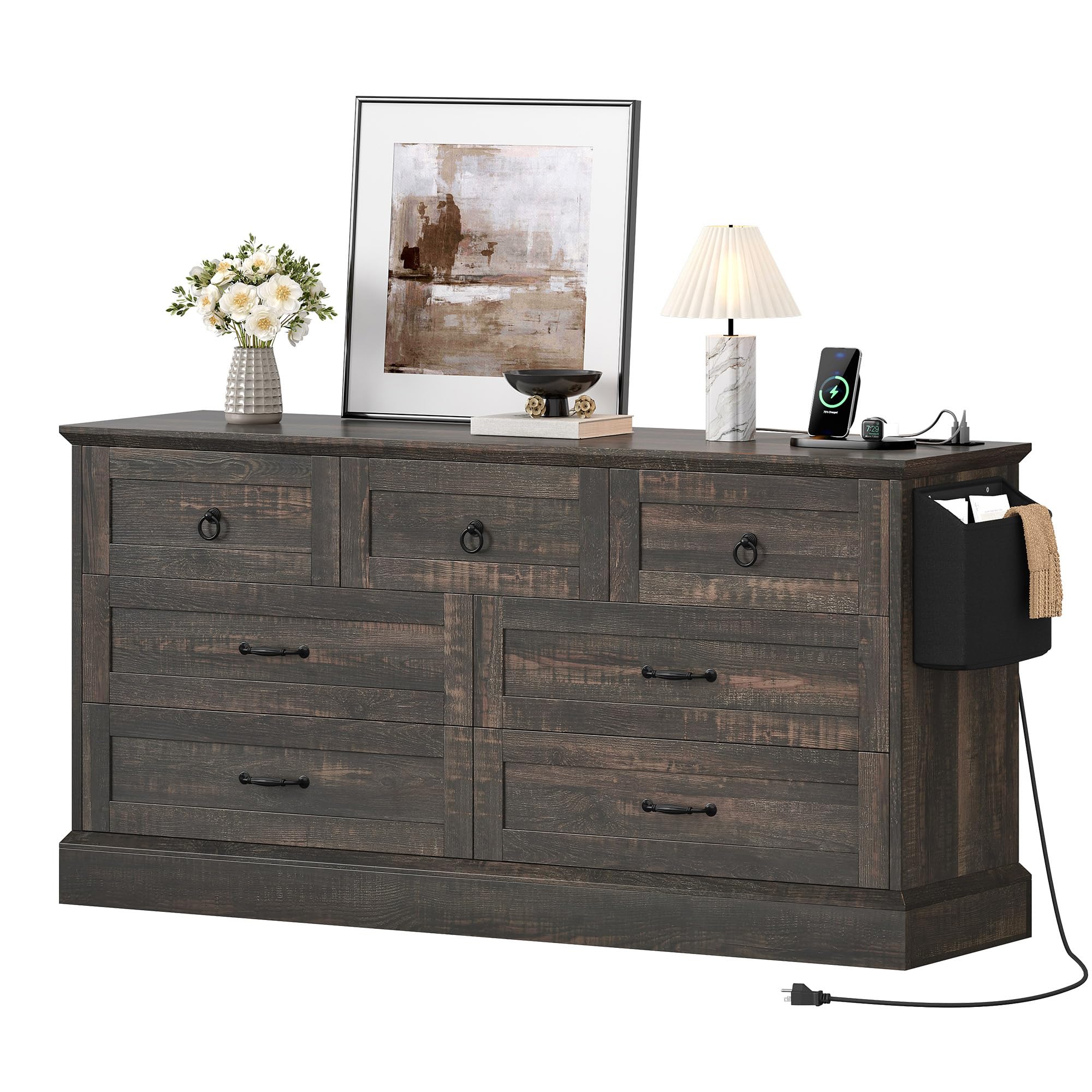 DWVO 7 Drawer Dressers, Buffet Sideboard with Power Outlets, Broad Rustic Wooden Chest of Drawers with Attractive Grain, Storage Cabinet for Living Room, Dining Room, Kitchen, Hallway, Dark Rustic Oak