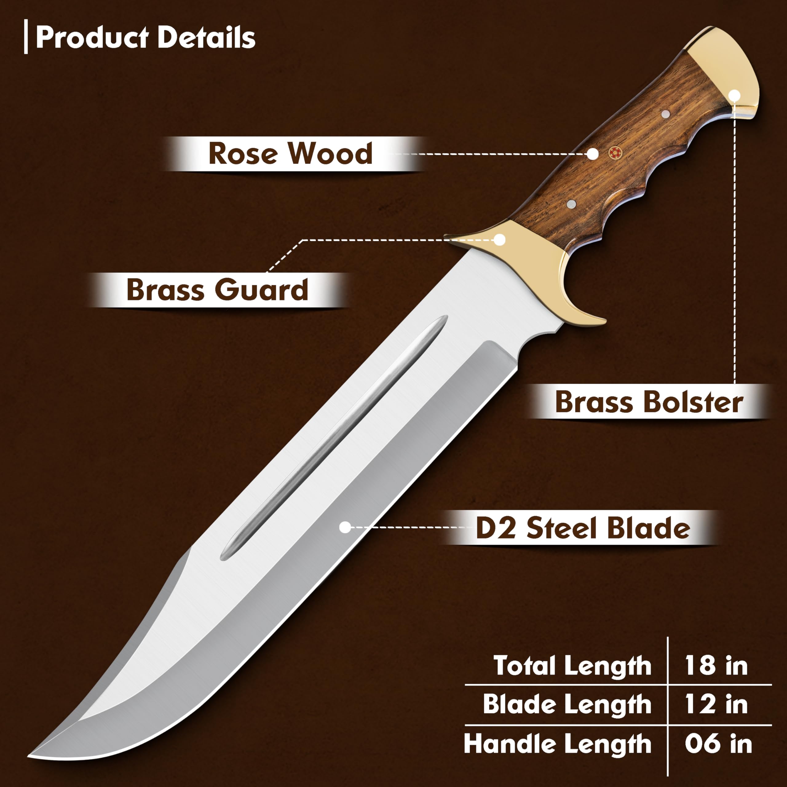 Handmade D2 Steel 18 Inches Large Bowie Knife, Full Tang Fixed Blade With Rosewood Handle and Brass Guard Hunting Knife with Leather Sheath Ideal for Camping, Hiking, Survival