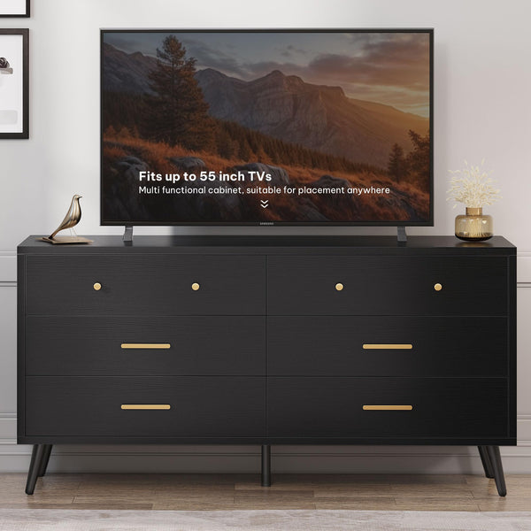 DWVO Black 6 Drawers Dresser/Modern Wood Dresser Chest of Drawers with Black Metal Handle＆Anti-Tipping Device/Modern Double Storage Cabinet for Entryway/Living Room
