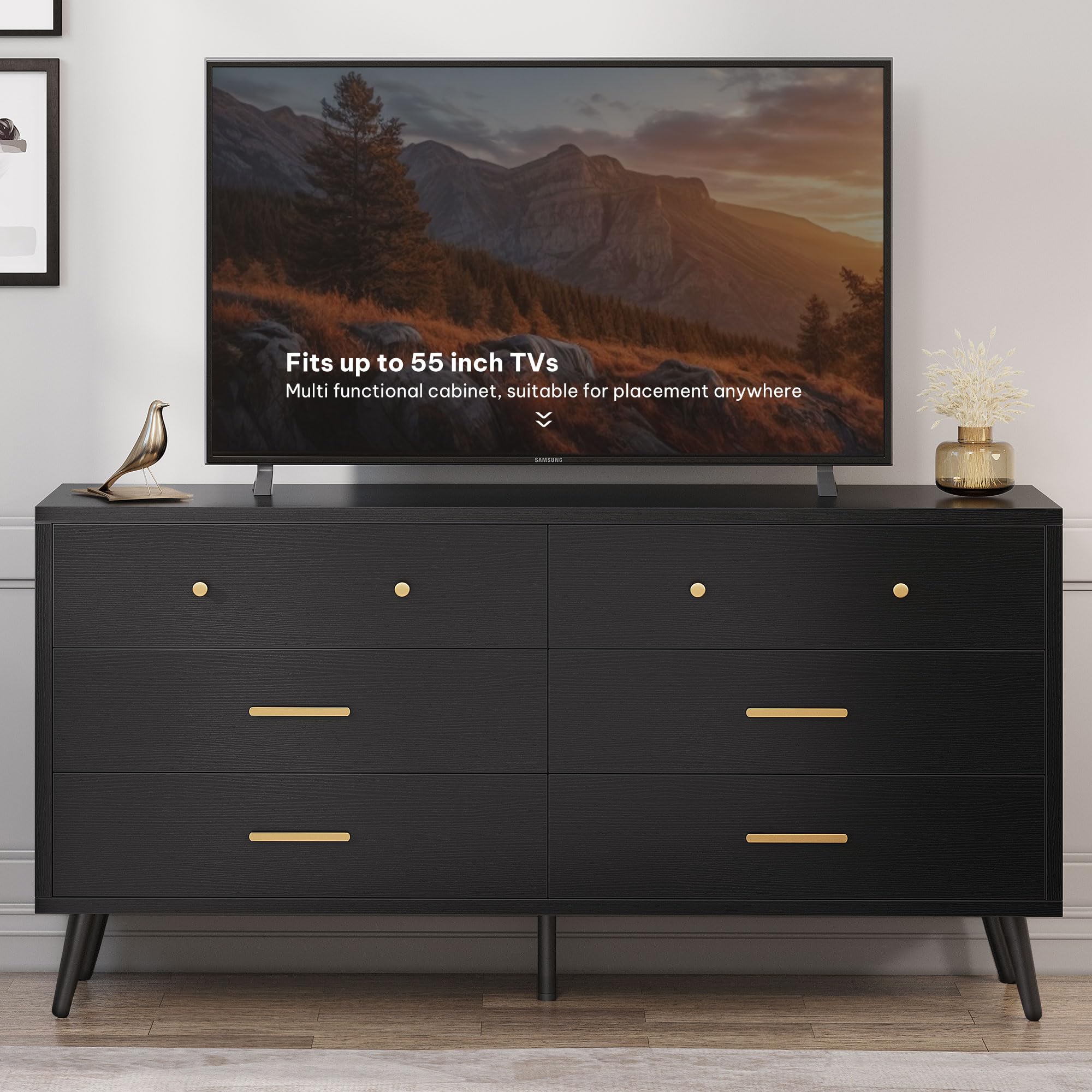 DWVO Black 6-Drawer Dresser with Black Metal Handles, Anti-Tip Design, and Double Storage Cabinet for Entryway - 15.7" D x 55.1" W x 31.1" H