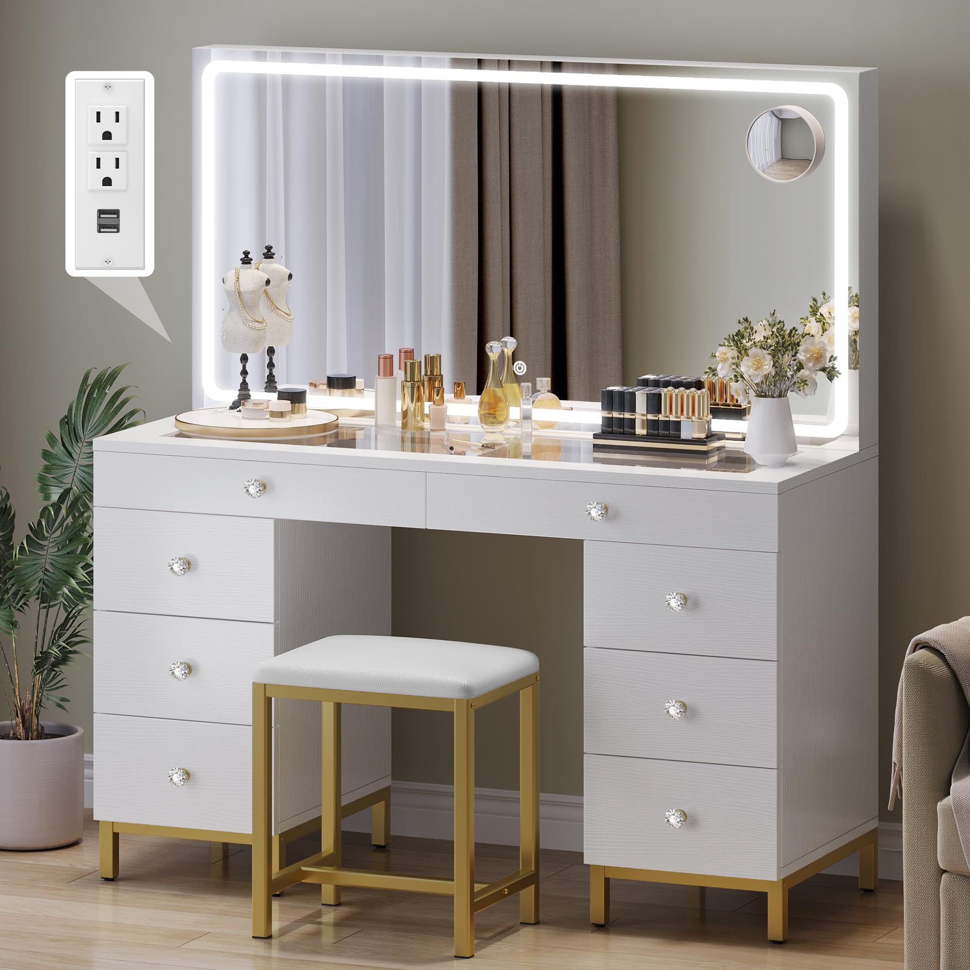 YITAHOME Vanity Desk with Mirror, Power Outlet and Magnifying Glass, Dressing Table Set with Chair, Makeup Vanity Table with Stool, 8 Drawers, Adjustable 3 Lighting Colors, White