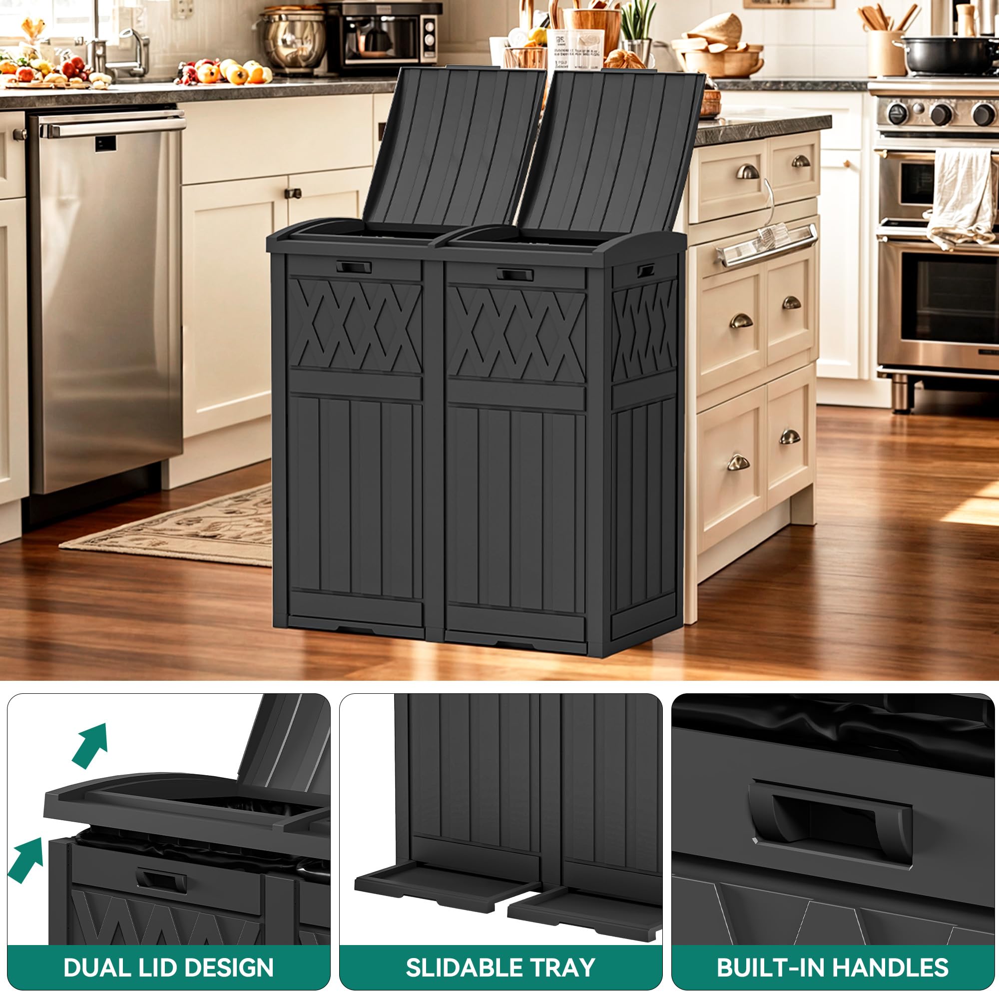 YITAHOME 76 Gallon Dual Compartment Outdoor Trash Can, Resin-Based with Layered Lid and Drip Tray, Waterproof Garbage Bin Black