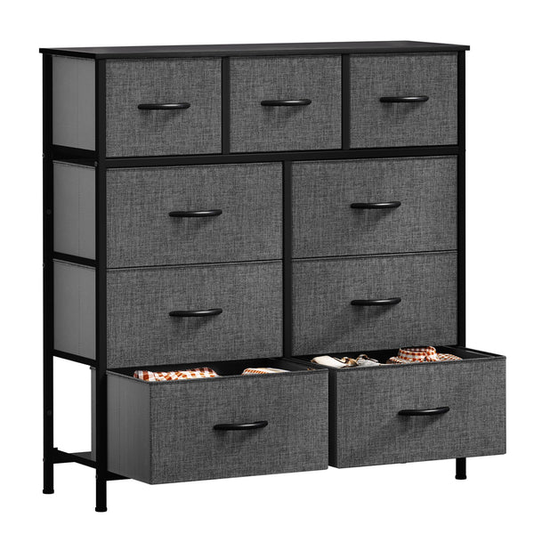 GOOBED Dresser with 9 Drawers - Fabric Storage Tower, Tall Chest Organizer Unit for Living Room, Entryway with Sturdy Steel Frame, Wooden Top, Cool Black Grey